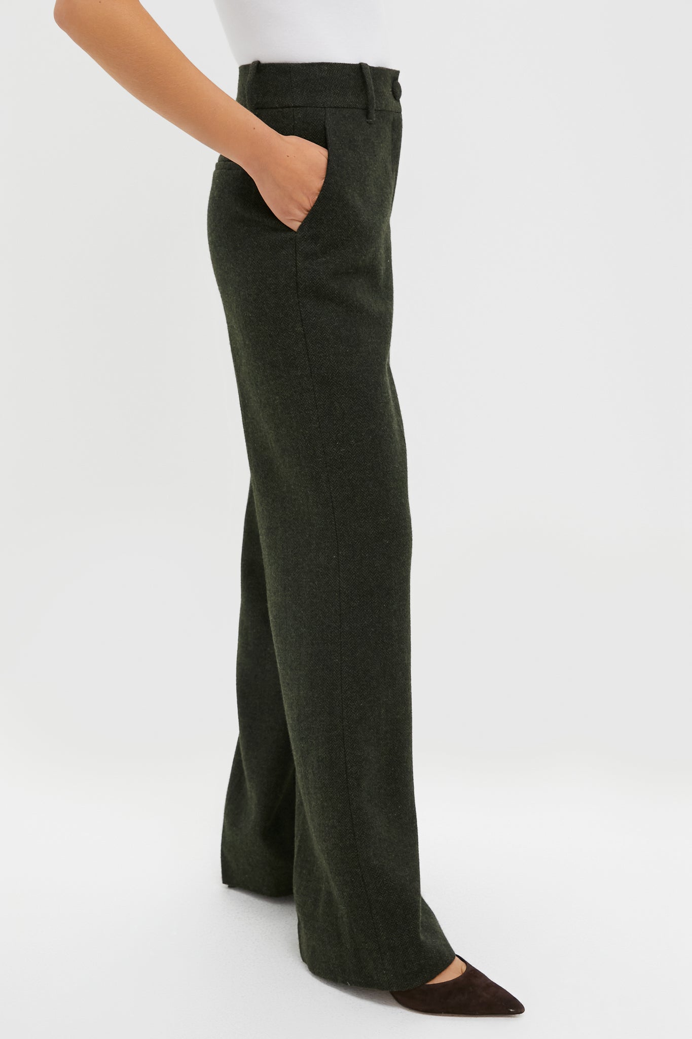 Hunter Green Tweed Herringbone Wide Leg Watson Trousers-Charming Tale Store
