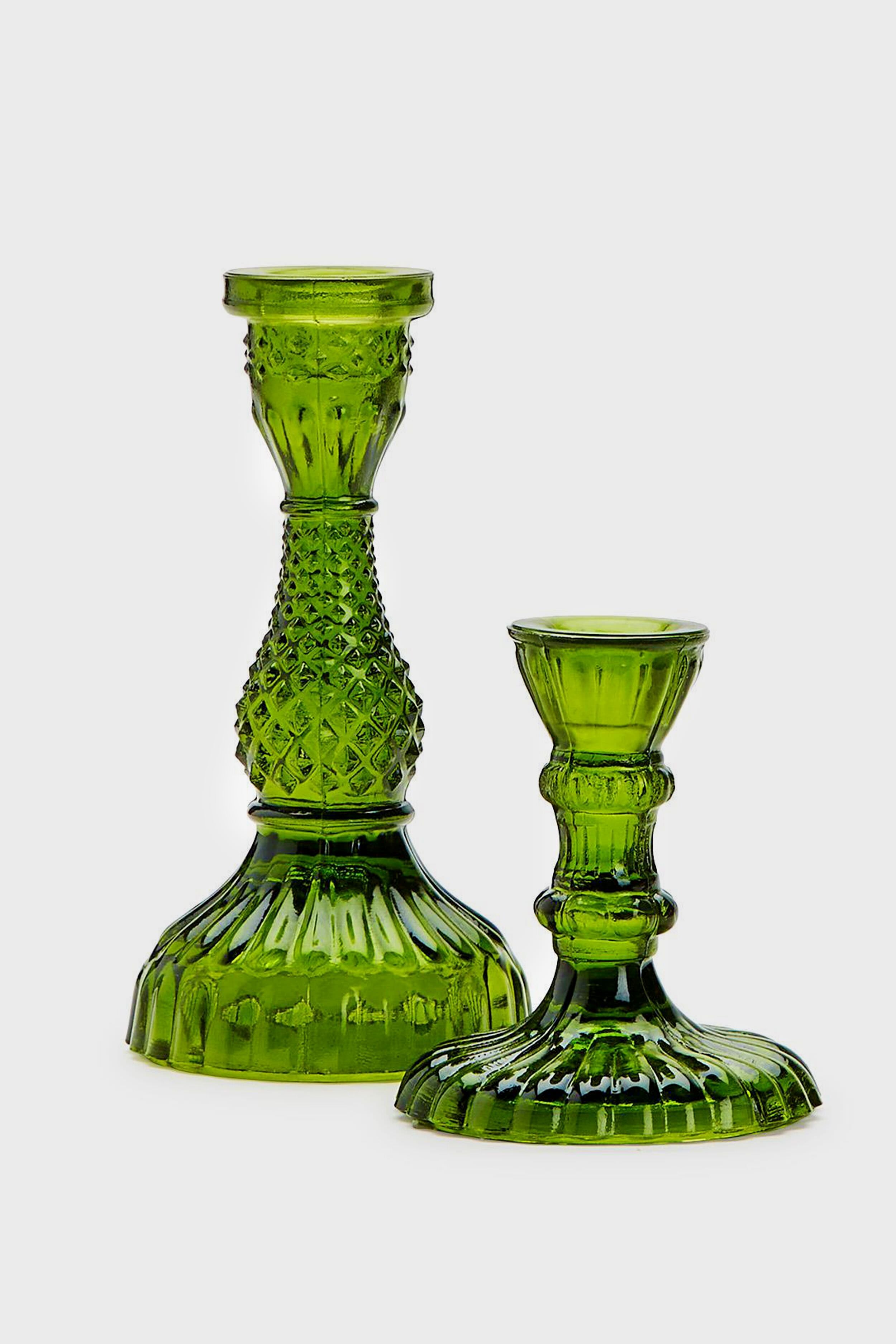 Set of 2 Casa Verde Moss Green Glass Candlesticks-Charming Tale Store