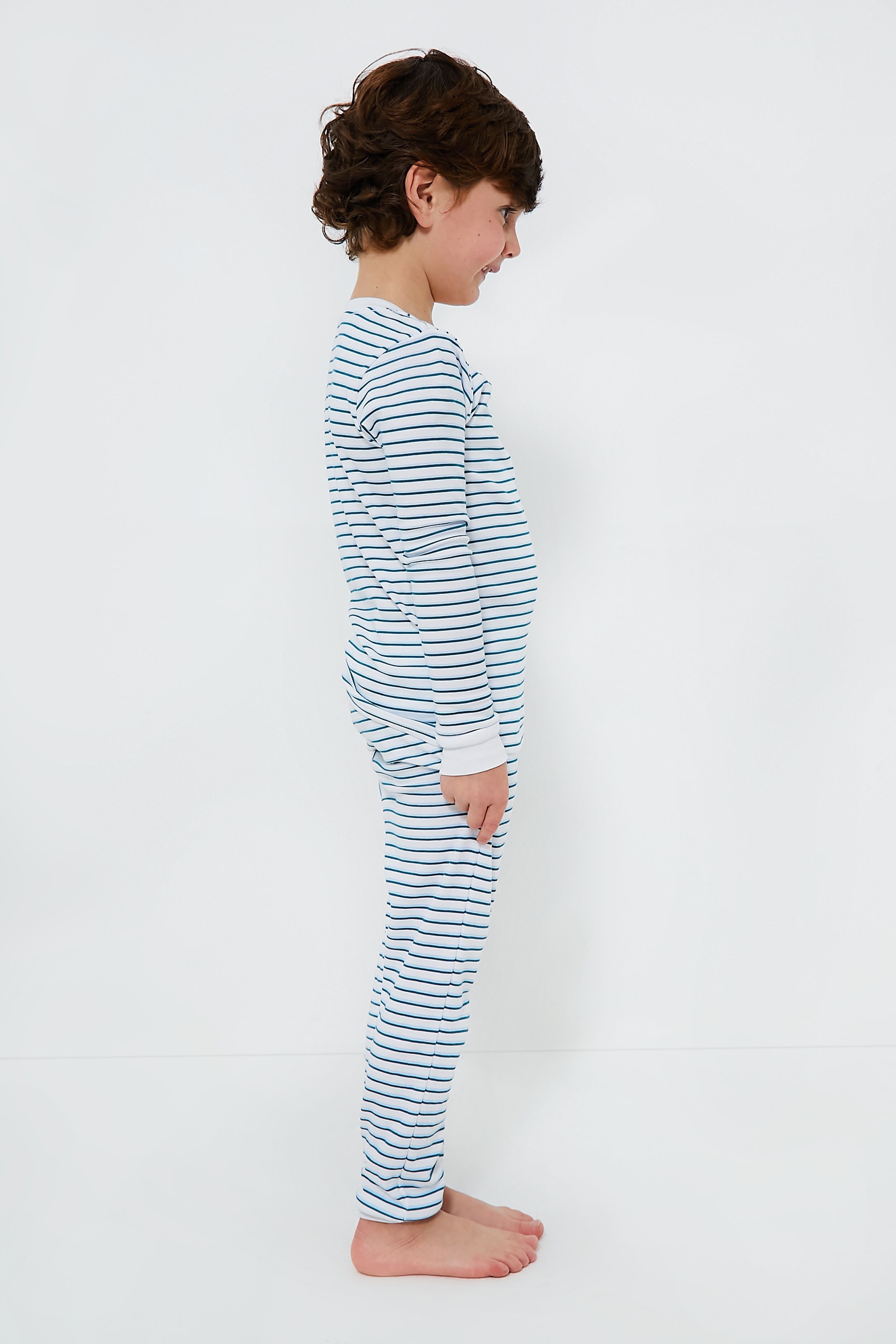 Conifer and Ice Blue Double Stripe Organic Long Sleeve Pajama Set-Charming Tale Store