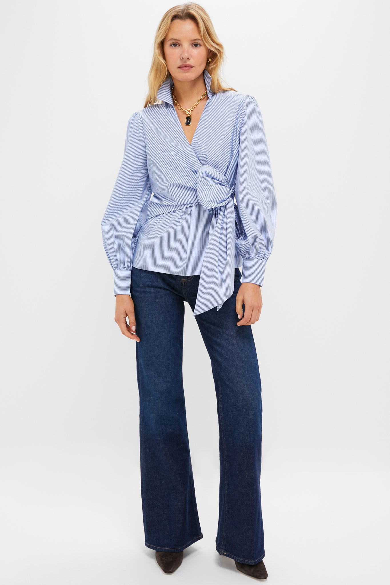 Continental Stripe Tie Front Bow Bea Blouse-Charming Tale Store