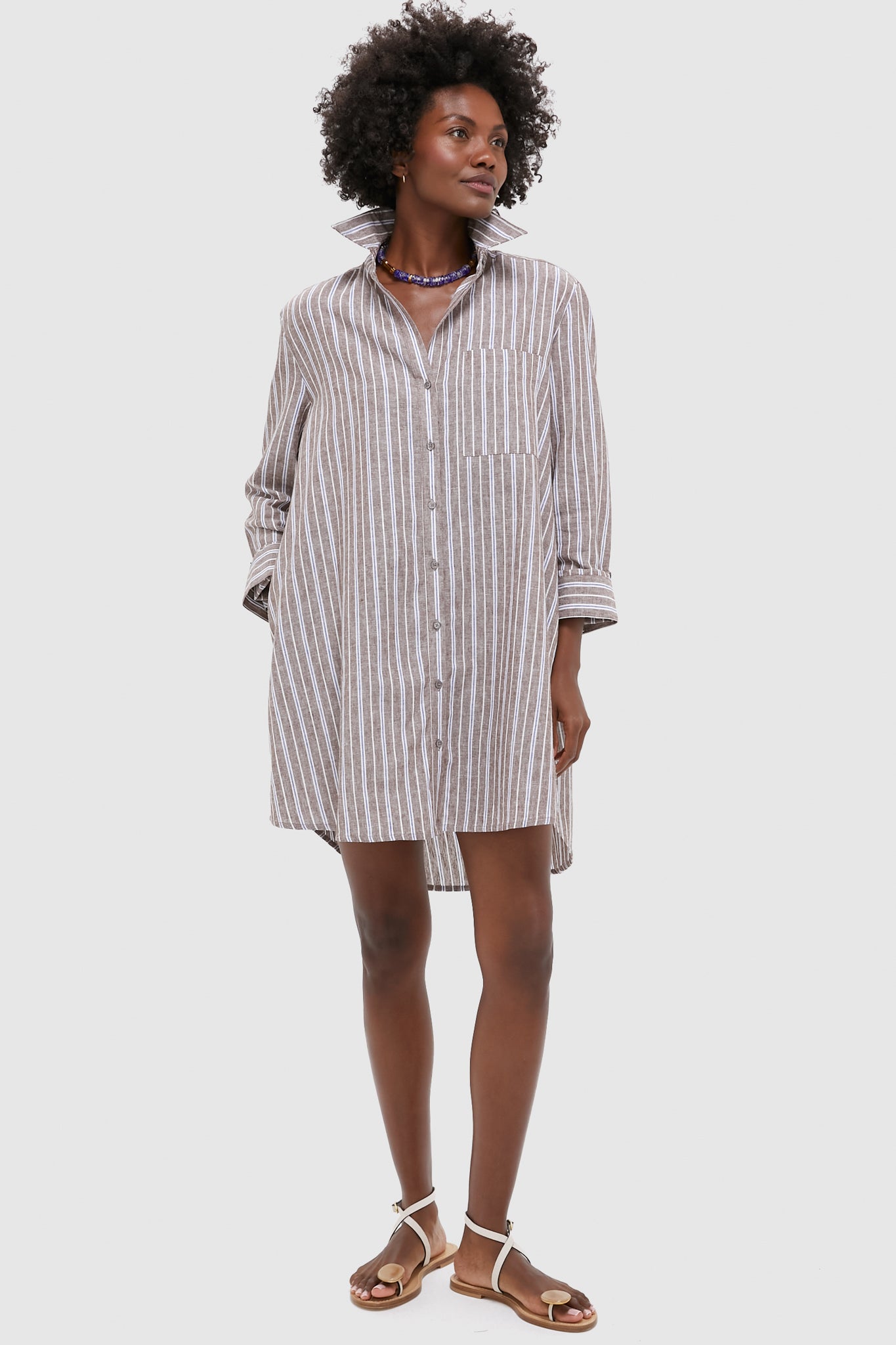 Dove Stripe Linen Carlotta Shirt Dress-Charming Tale Store