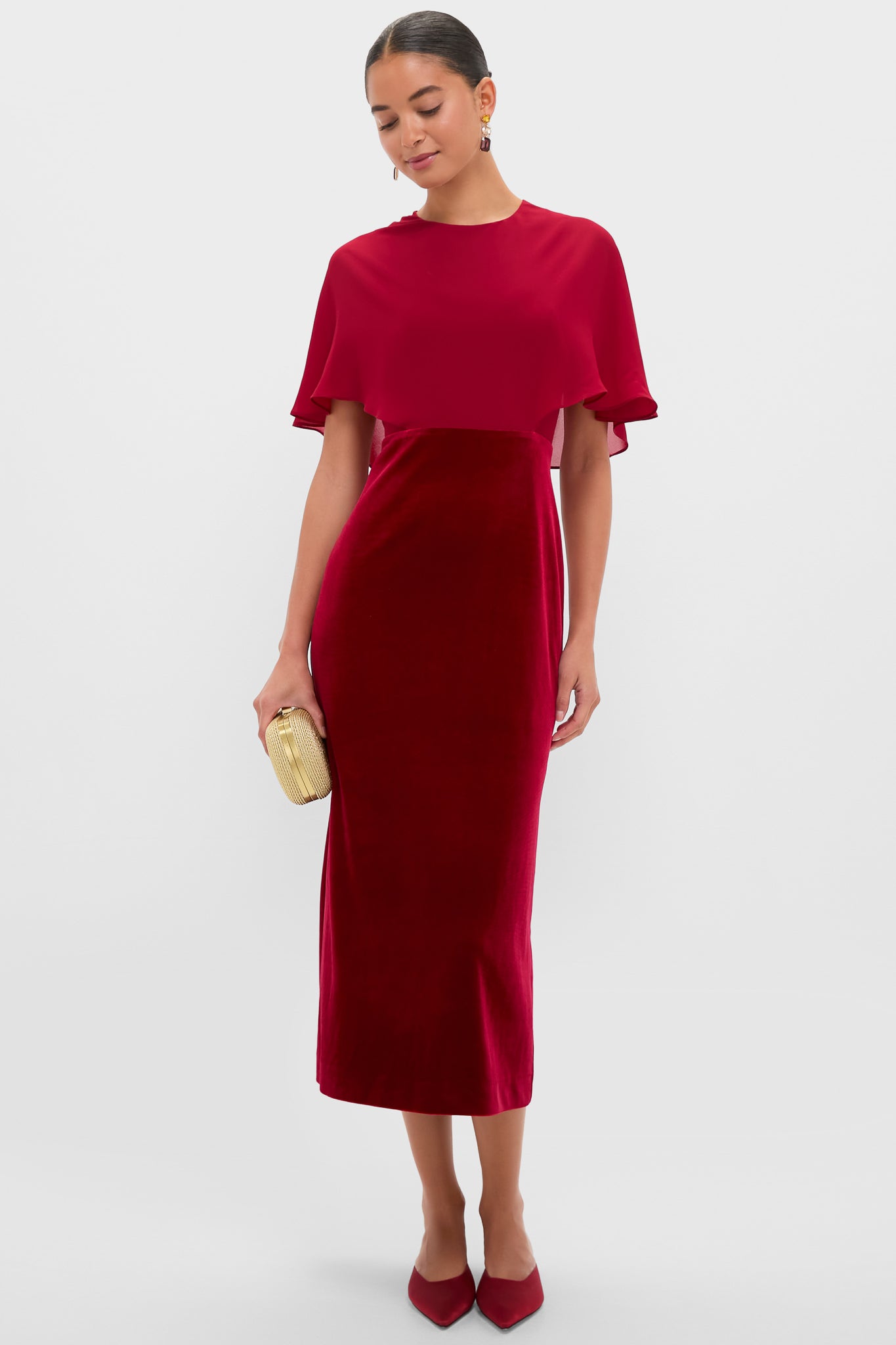 Cranberry Velvet Chiffon Mixed Media Cape Leah Dress-Charming Tale Store