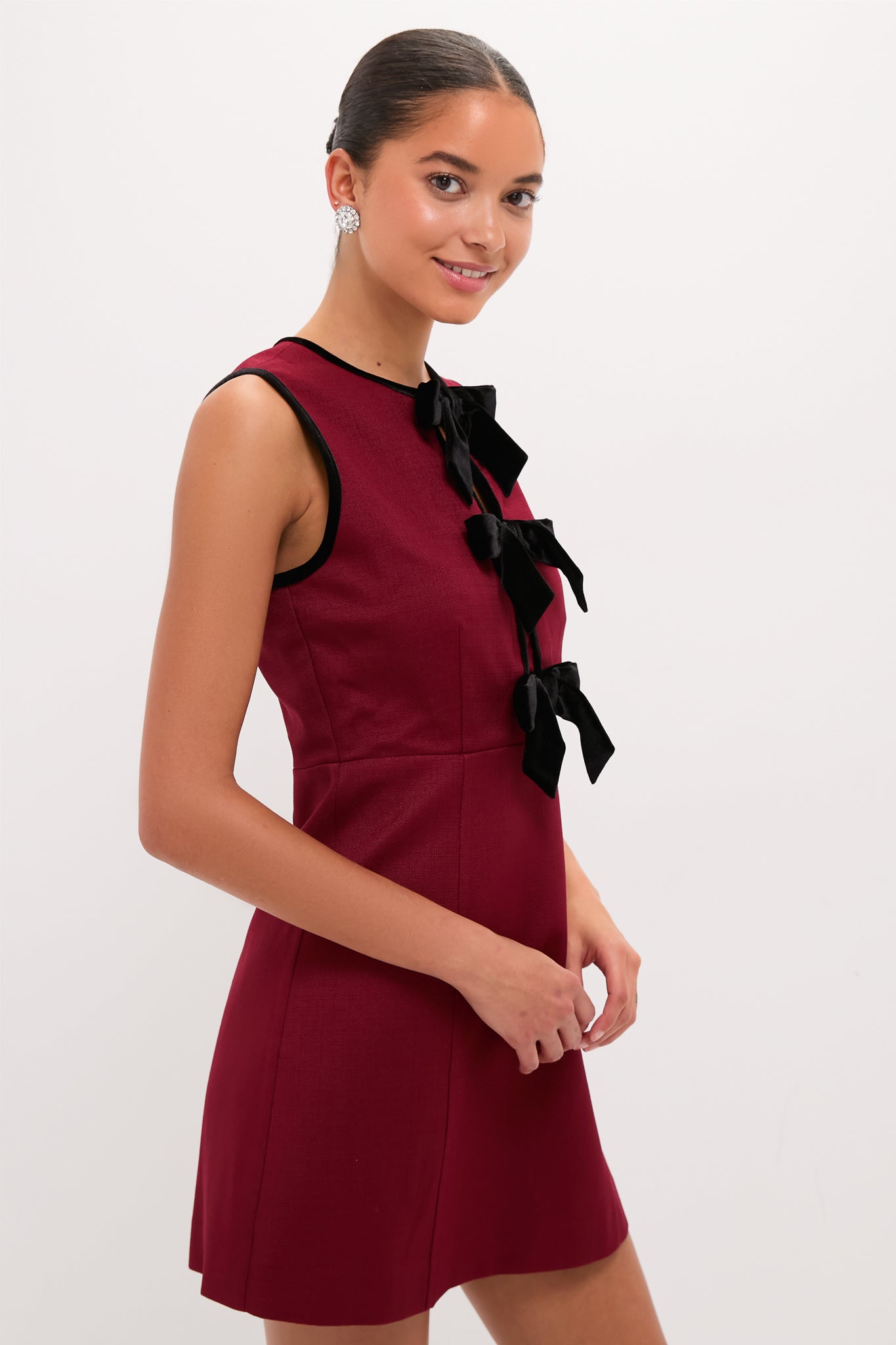 Cranberry Velvet Bow Jaclyn Mini Dress-Charming Tale Store