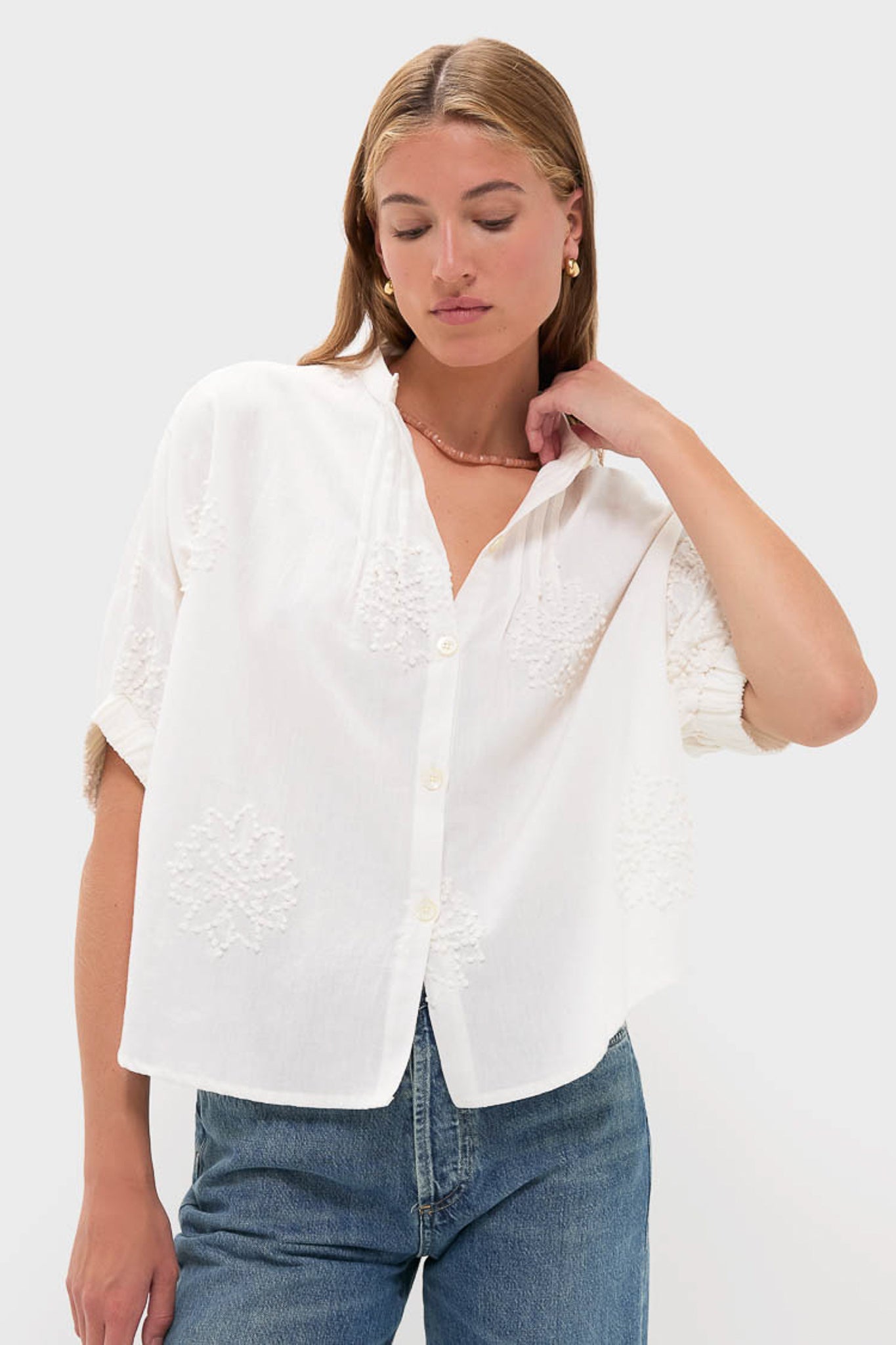 French Knot Floral Sand Mandarin Collar Top-Charming Tale Store