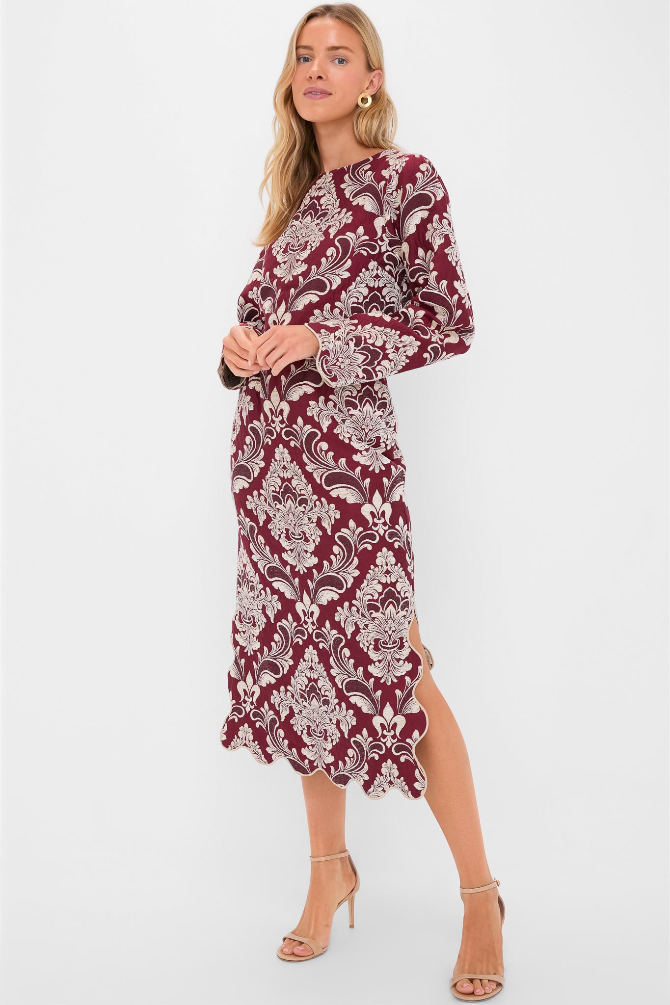 Blush Pink and Burgundy Bicolor Jacquard Waves Midi Skirt-Charming Tale Store