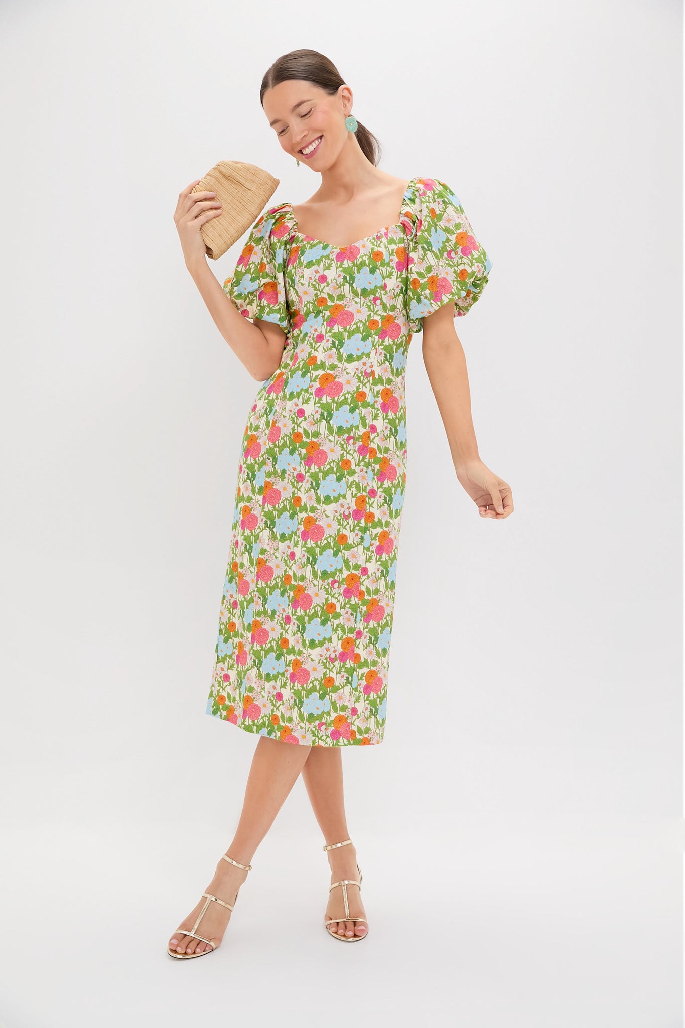 Green Multi Begonia Floral Sallie Midi Dress-Charming Tale Store