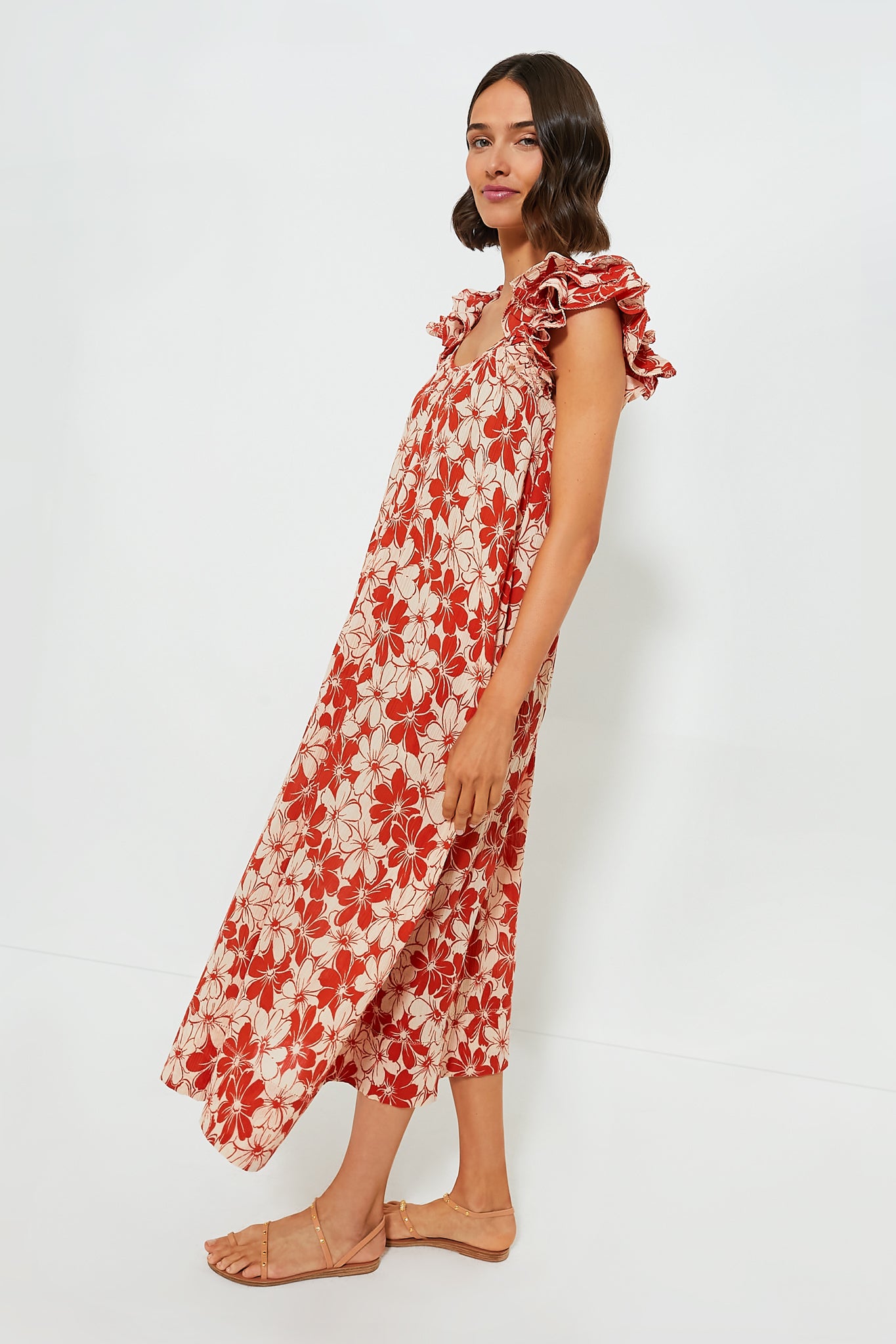 Burnt Red Hibiscus Floral The Cascade Dress-Charming Tale Store