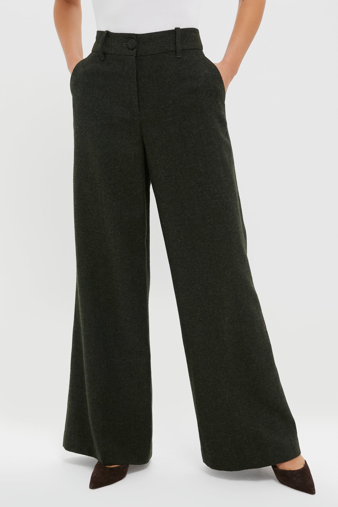 Hunter Green Tweed Herringbone Wide Leg Watson Trousers-Charming Tale Store