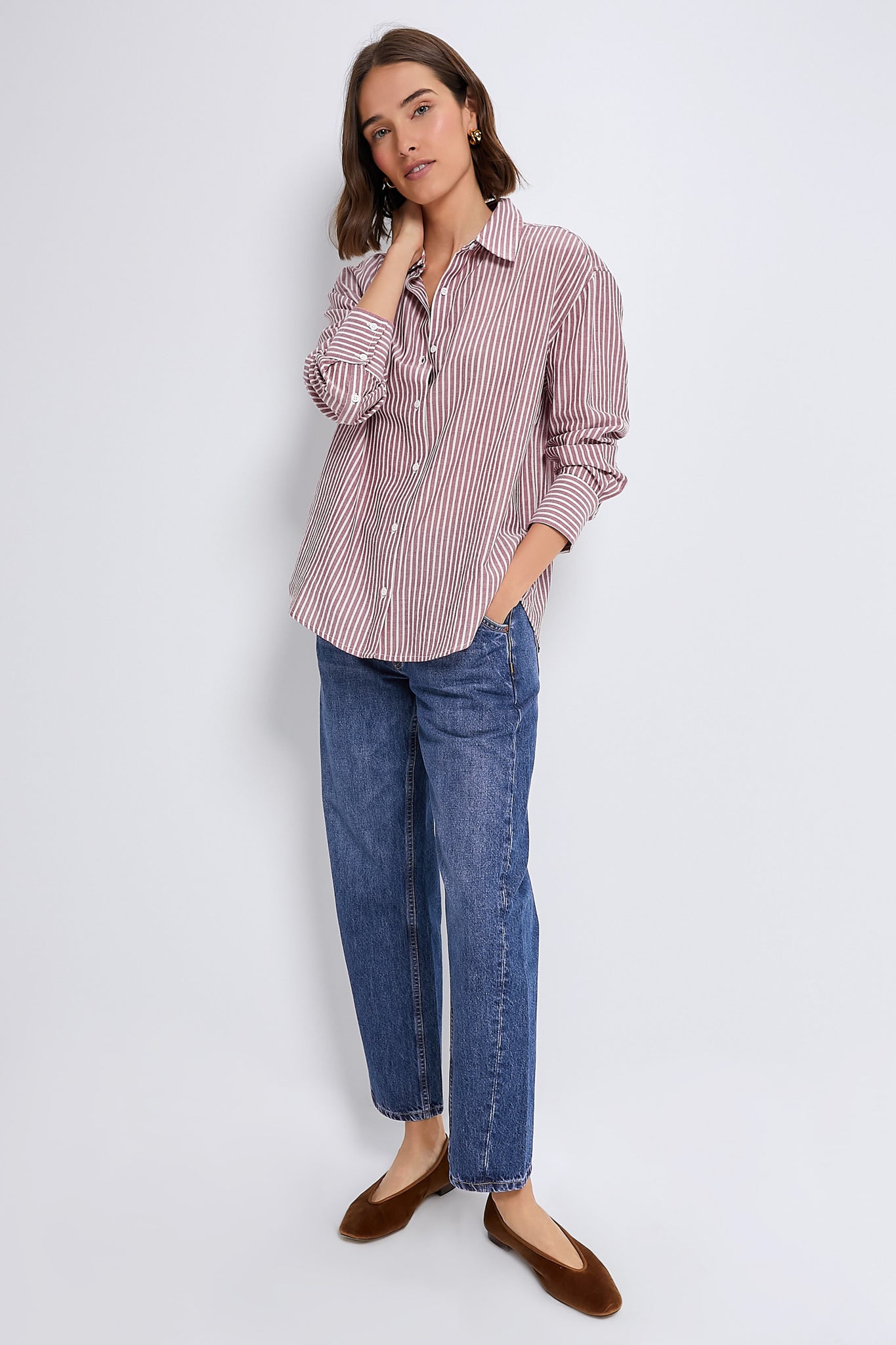 Washed Red Pointelle Stripe Nadine Boyfriend Button Down-Charming Tale Store