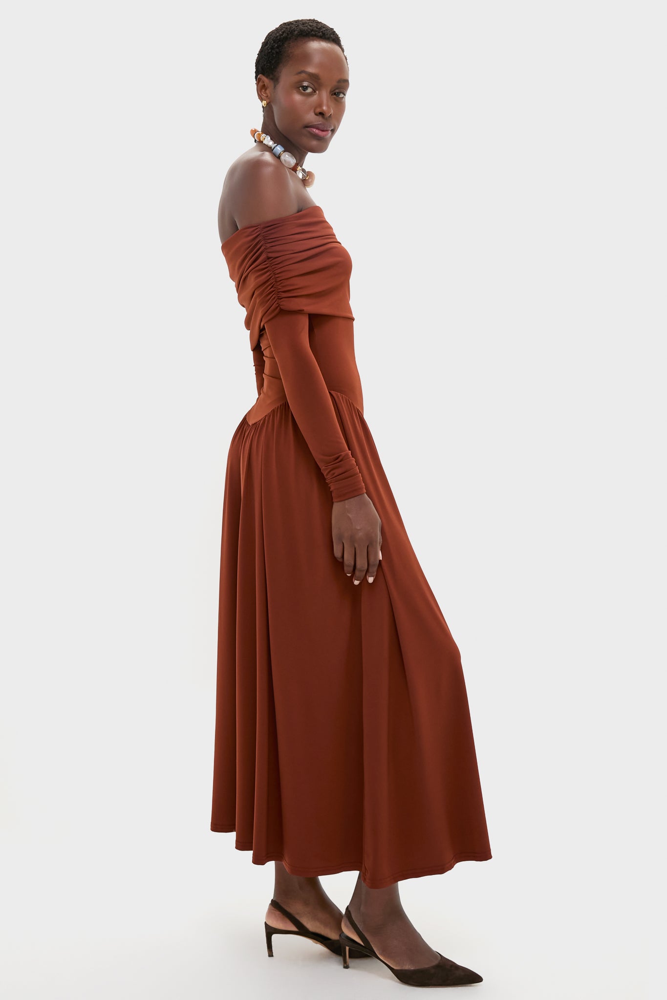 Burgundy Off the Shoulder Ruched Midi Dress-Charming Tale Store