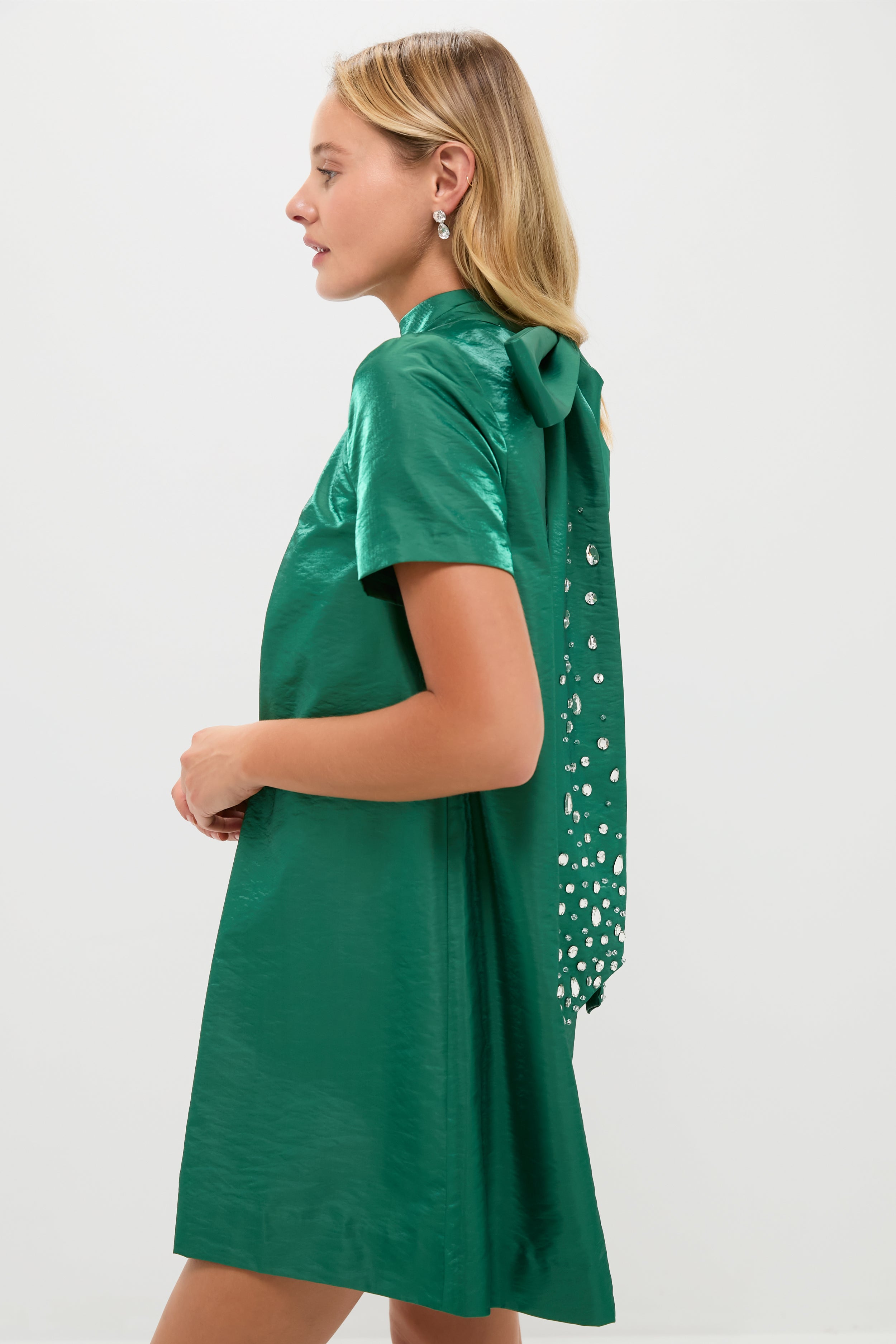 Green Taffeta Embellished Ashton Bow Dress-Charming Tale Store