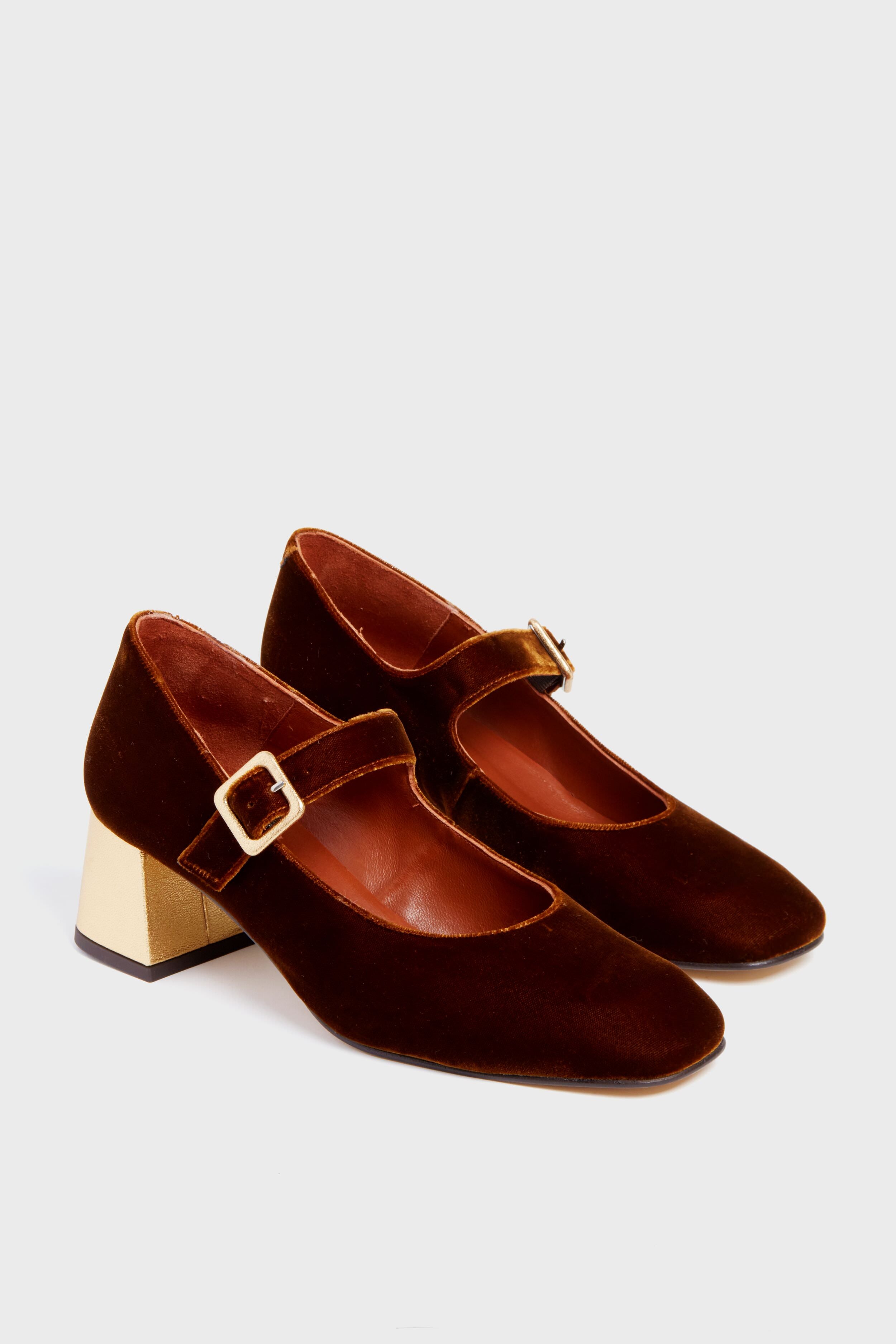 Honey and Gold Velvet Mid Mary Janes-Charming Tale Store