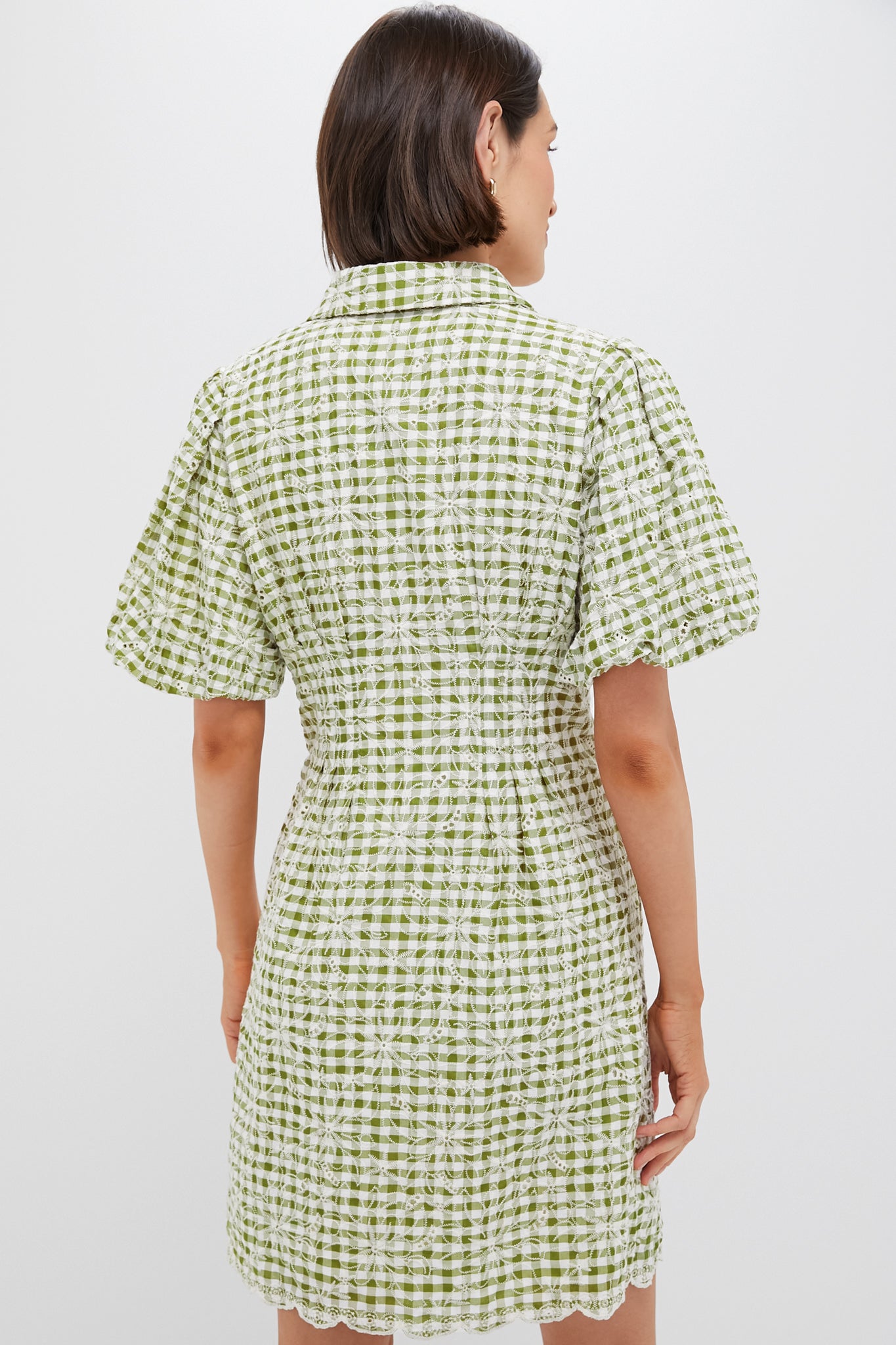 Embroidered Floral Green Gingham Mini Delaney Dress-Charming Tale Store