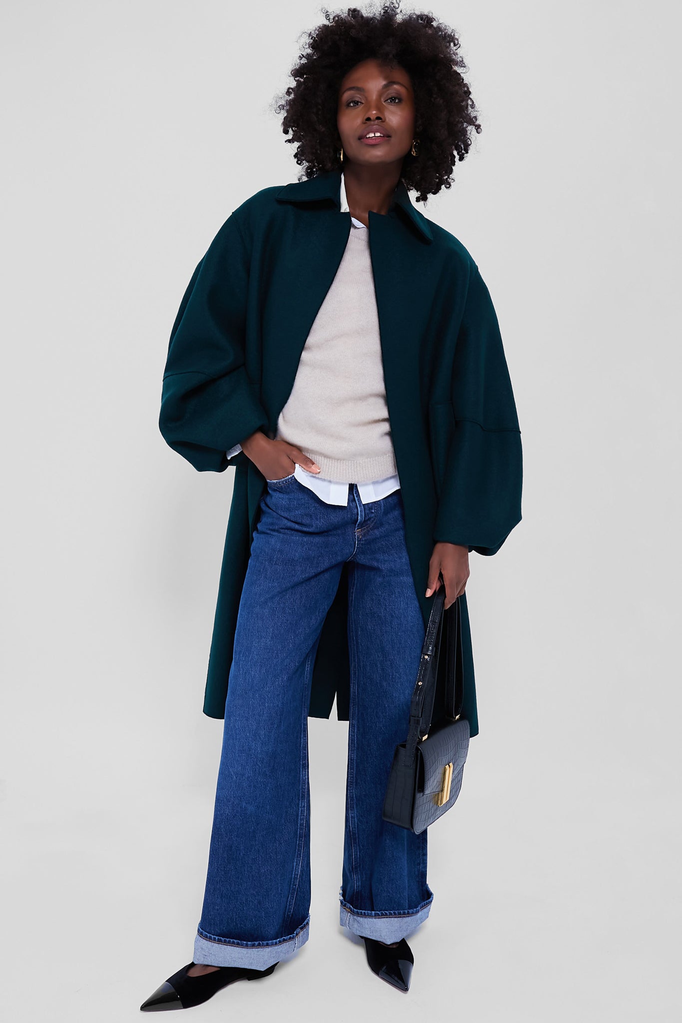 Bottle Green Puffed Sleeve Pressed Wool Coat-Charming Tale Store