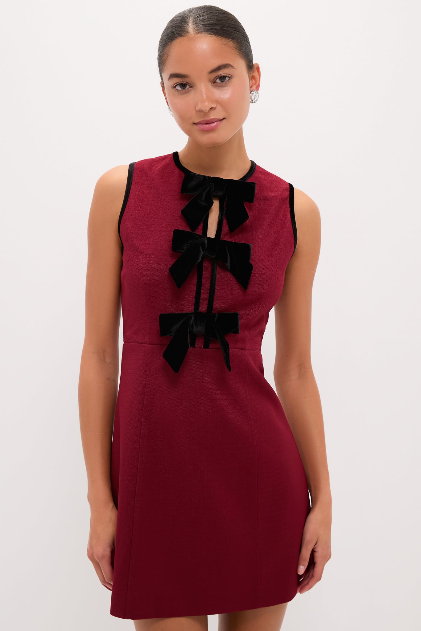 Cranberry Velvet Bow Jaclyn Mini Dress-Charming Tale Store