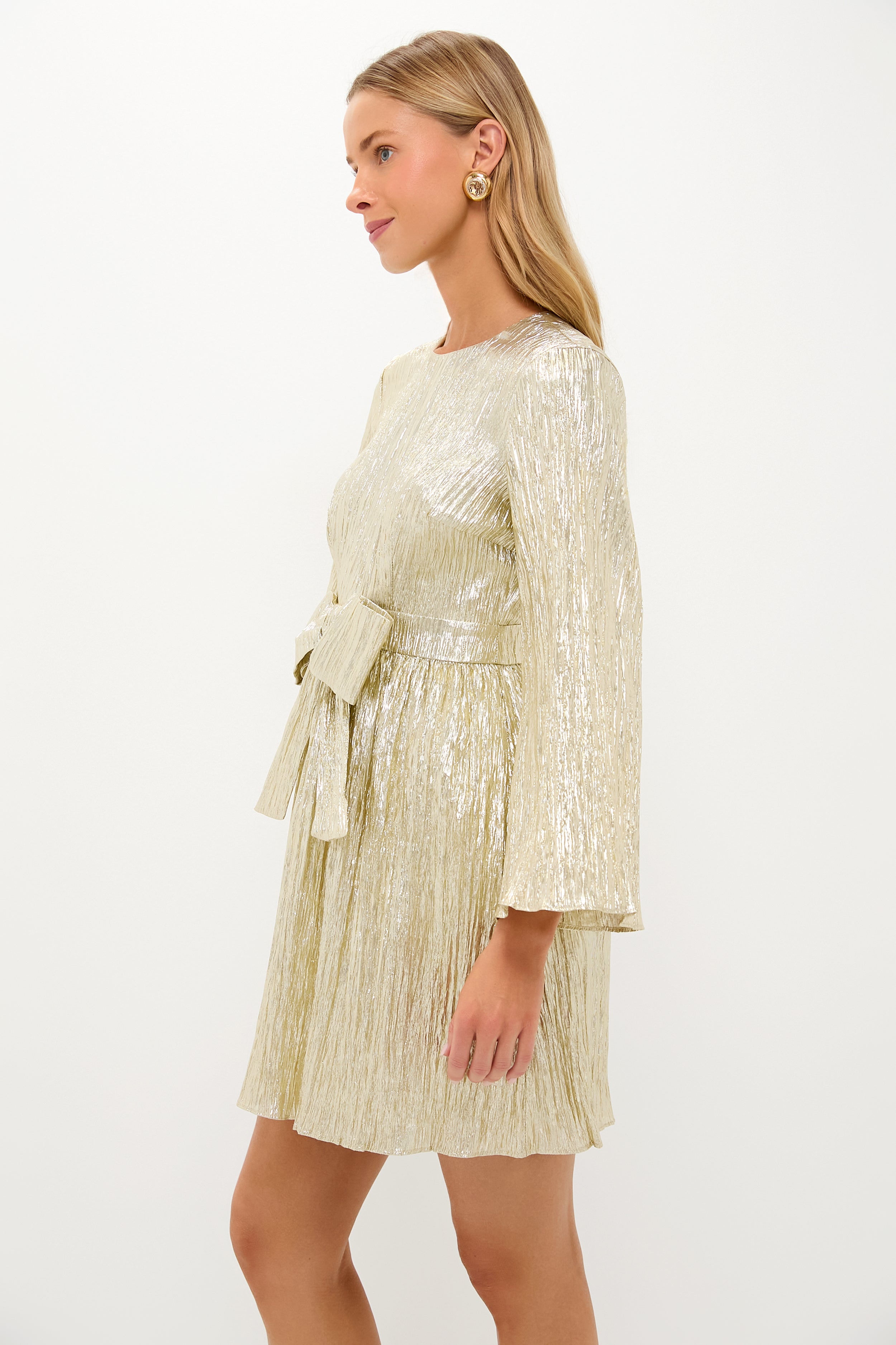 Gold Plisse Carol Bow Mini Dress-Charming Tale Store