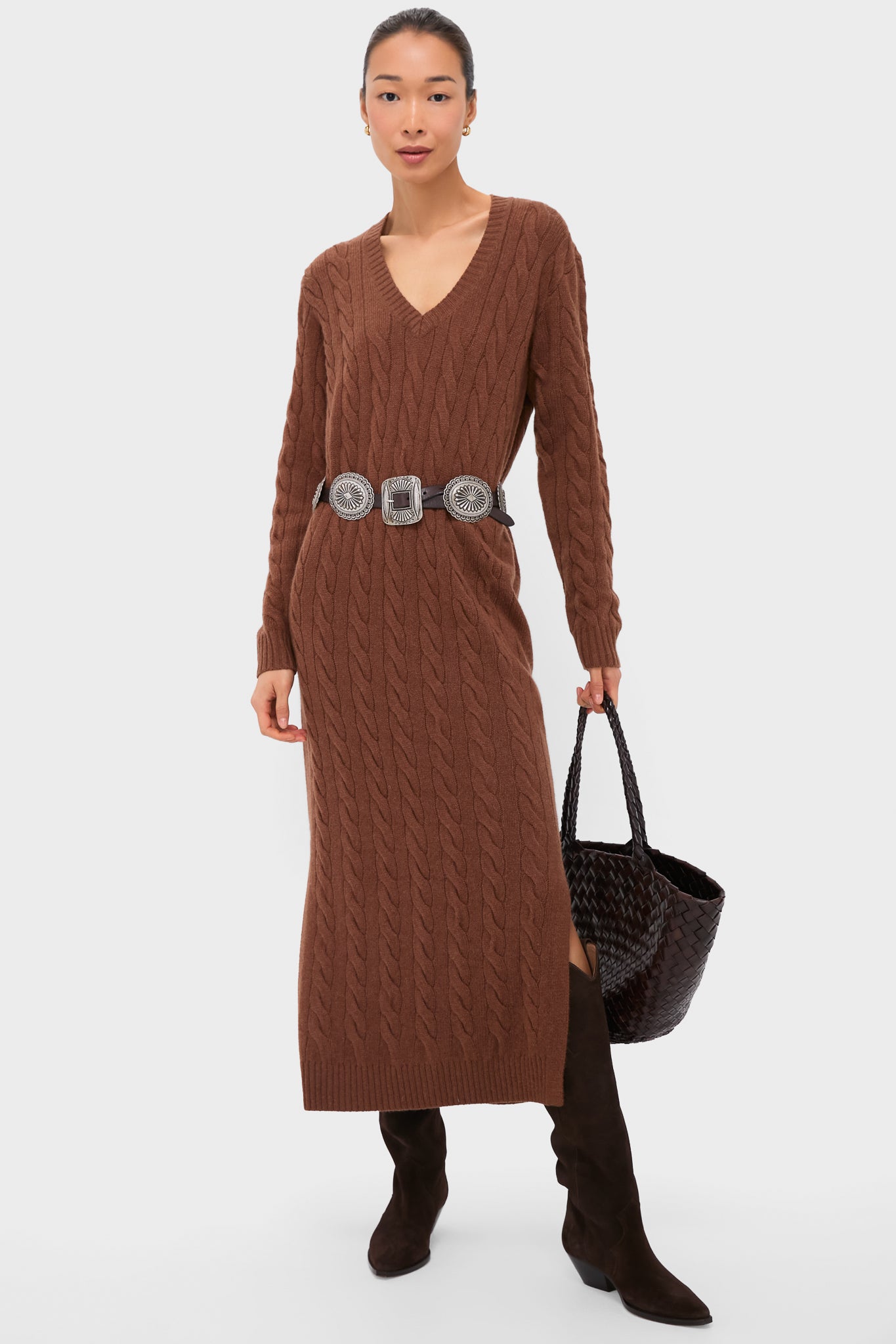 Gingerbread Brown Melange Alpaca Blend Sweater V-Neck Long Sleeve Dress-Charming Tale Store