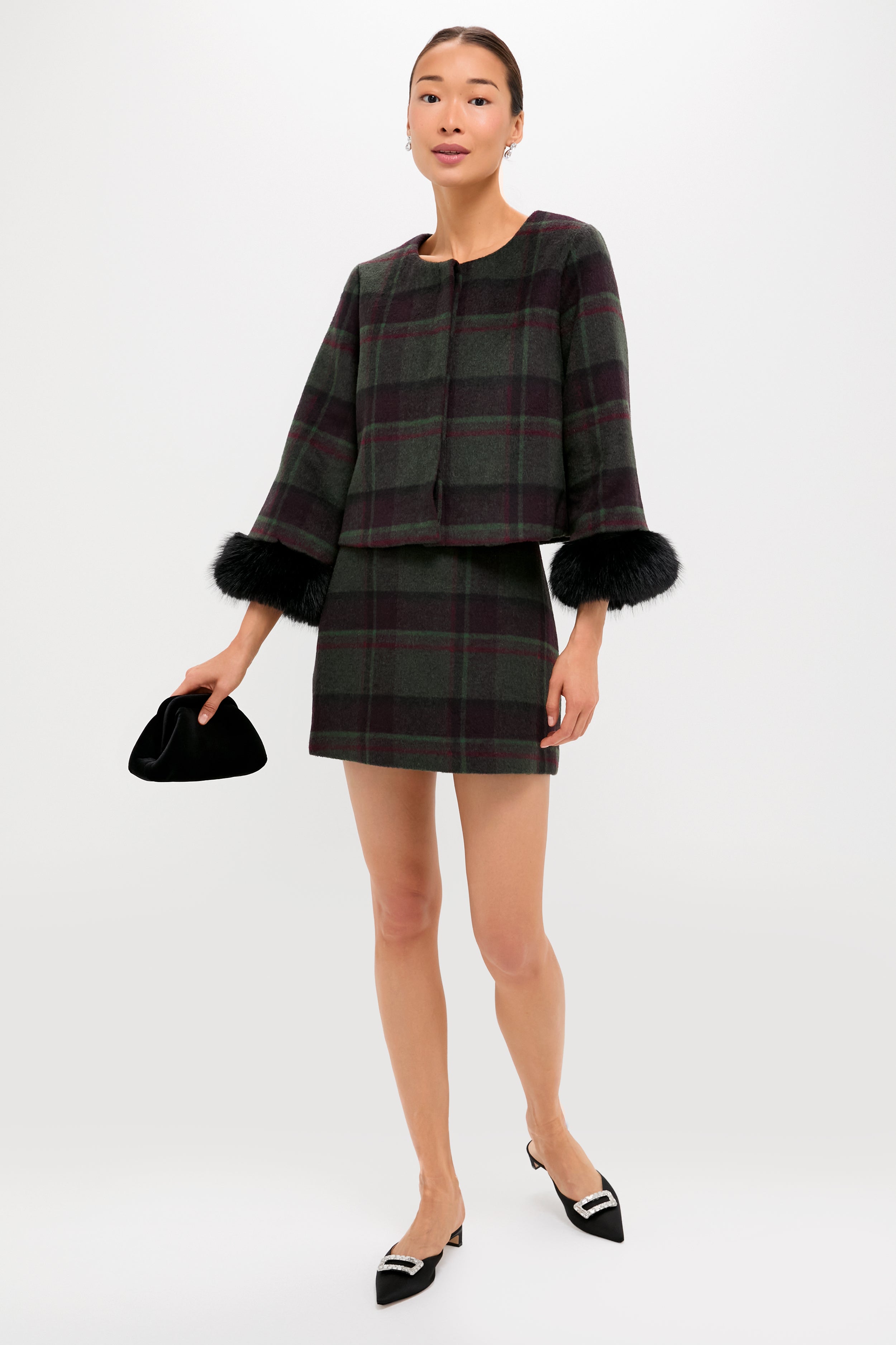 Forest Plaid Wool Fur Cuff Maxine Jacket-Charming Tale Store