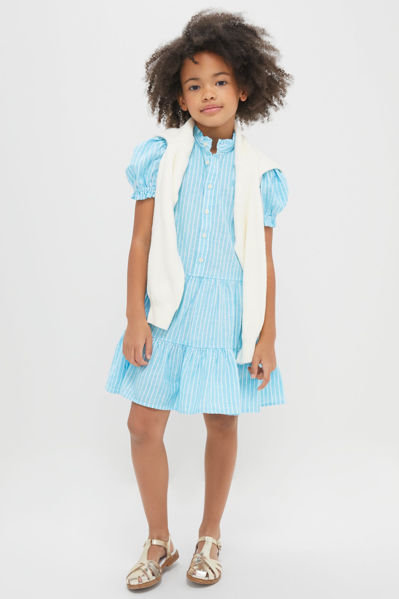 Girls Ruffle Collar Short-Sleeve Tiered Striped Dress-Charming Tale Store