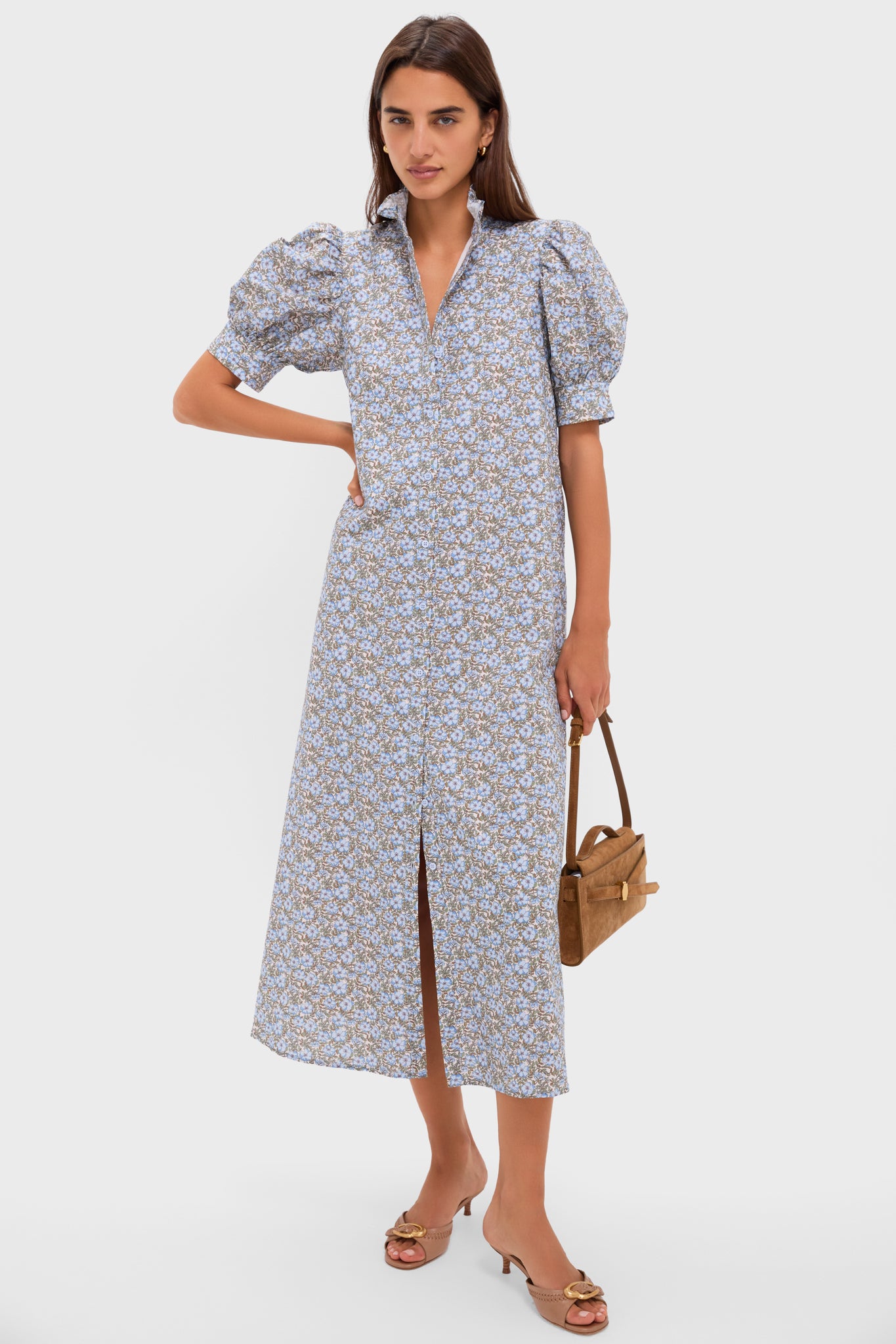 Dusty Blue & Brown Floral Louisa Maxi Dress-Charming Tale Store