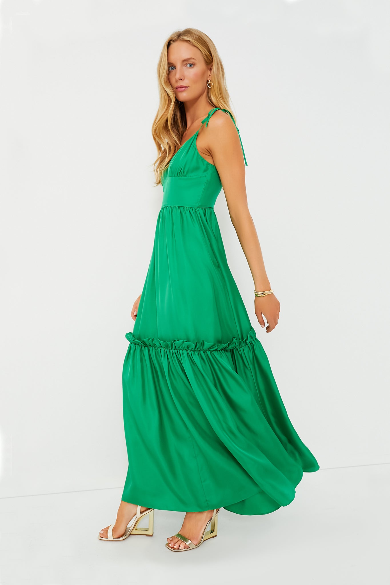 Green Silk Twill Maxi Dress-Charming Tale Store