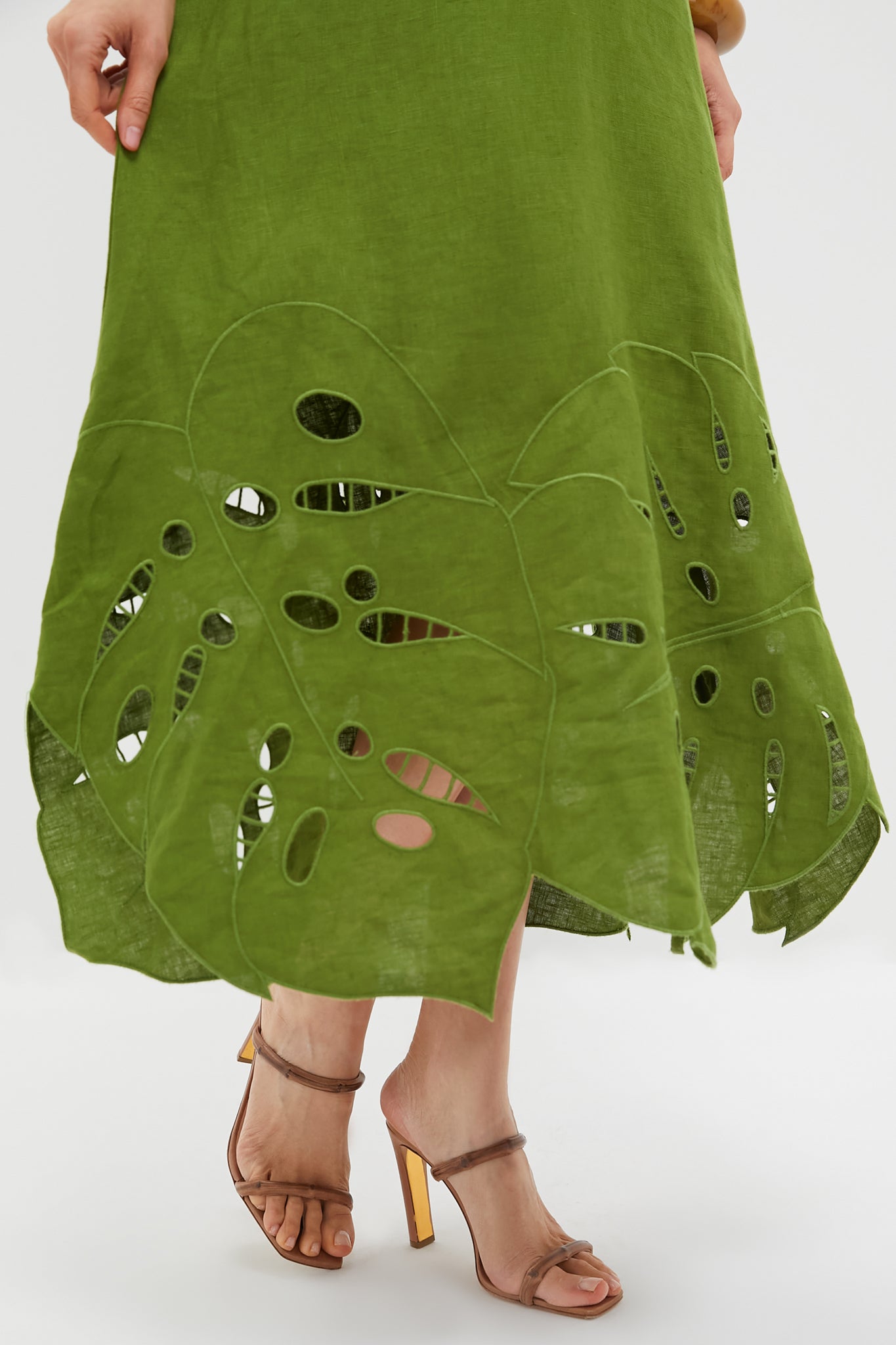 Green Monstera Embroidery Midi Dress-Charming Tale Store