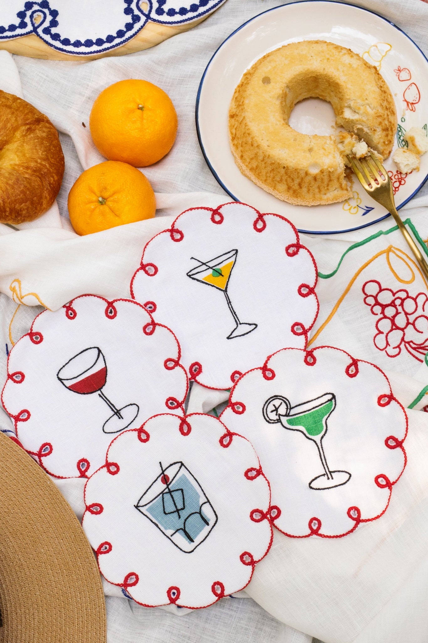 Fete Embroidered Linen Coasters (Set of 4)-Charming Tale Store