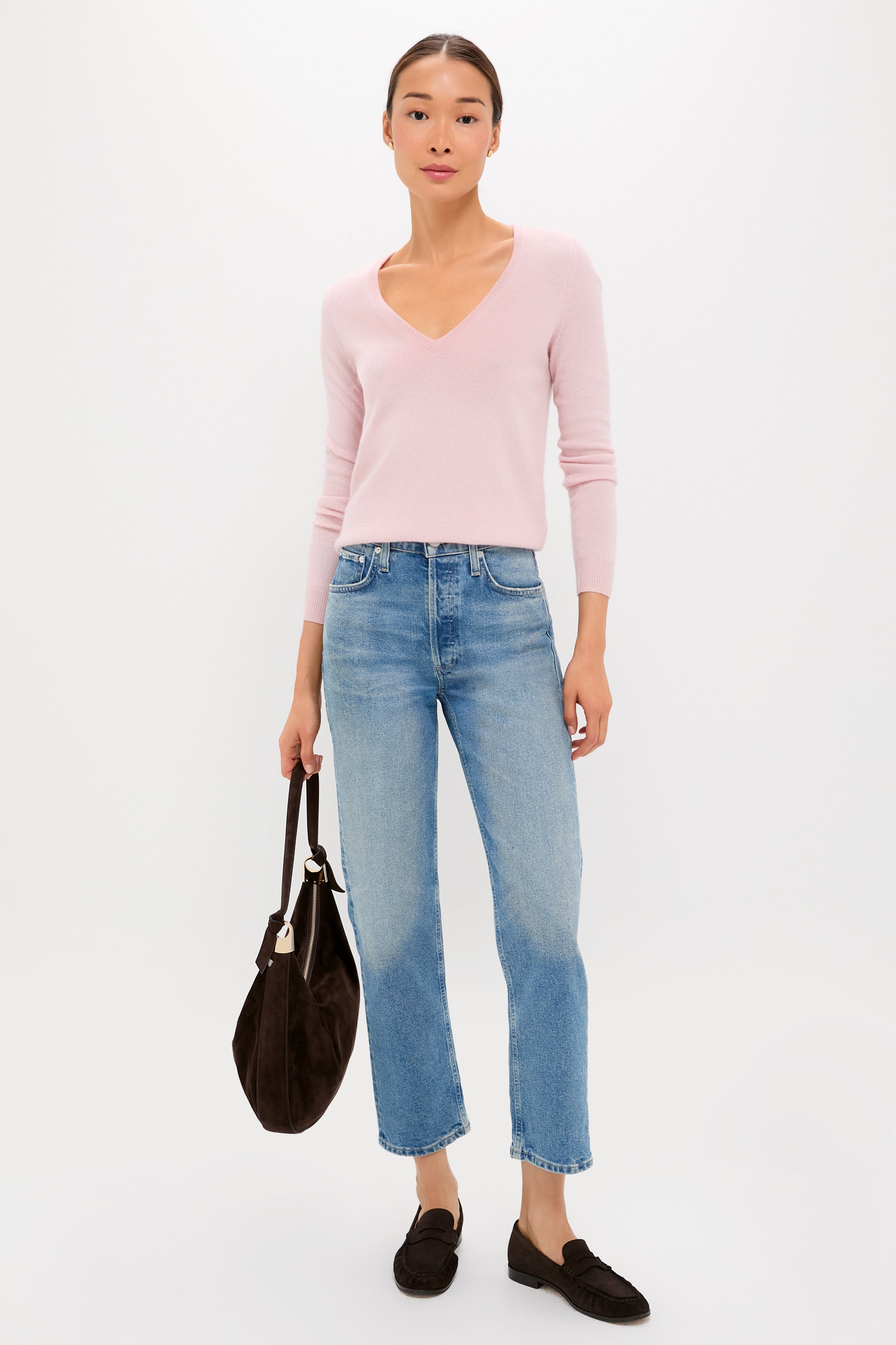 Soft Pink Cashmere V-Neck Sweater-Charming Tale Store