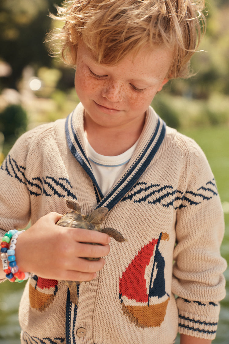 Boat Motif Shawl Neck Nautical Cardigan in Beige-Charming Tale Store