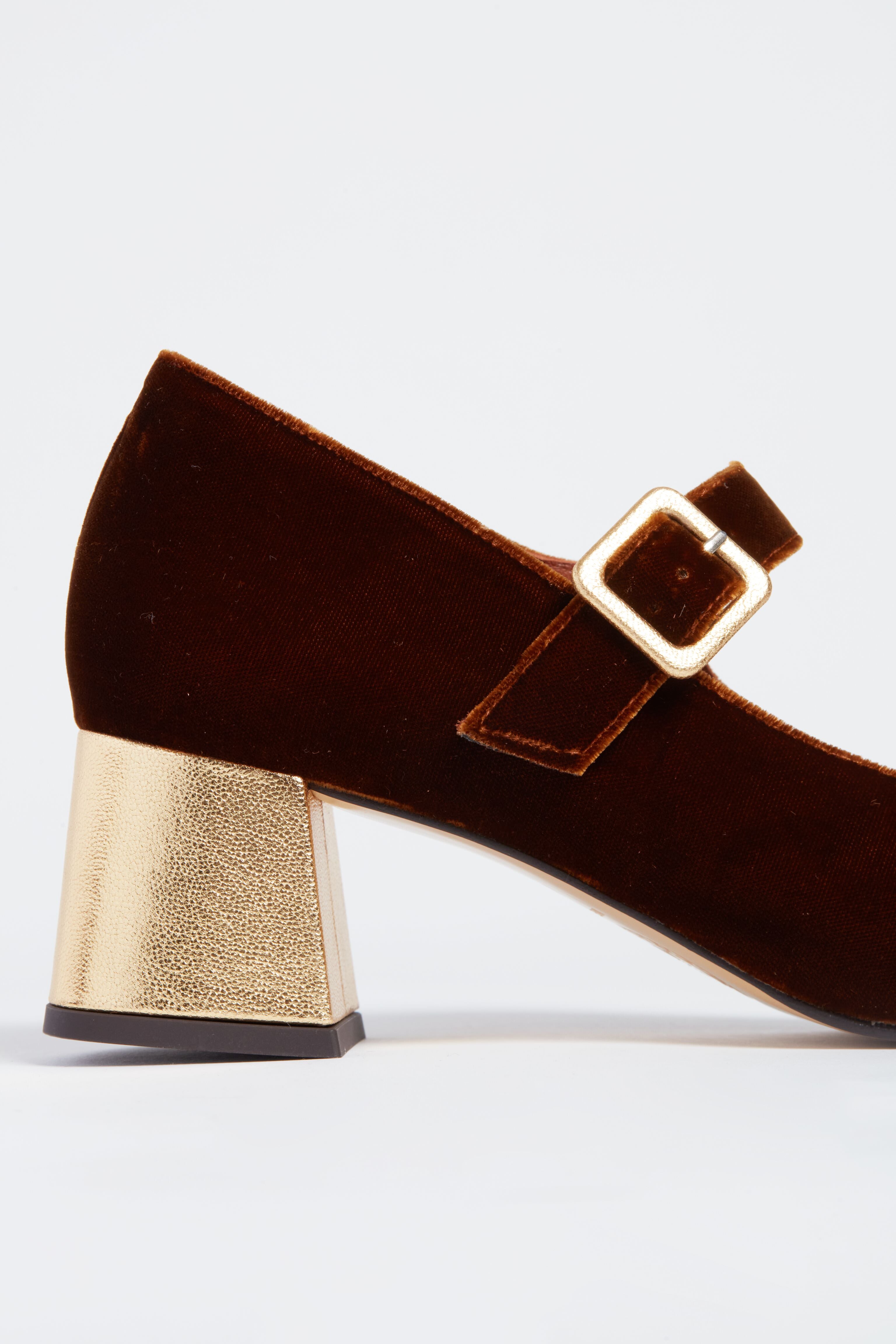 Honey and Gold Velvet Mid Mary Janes-Charming Tale Store