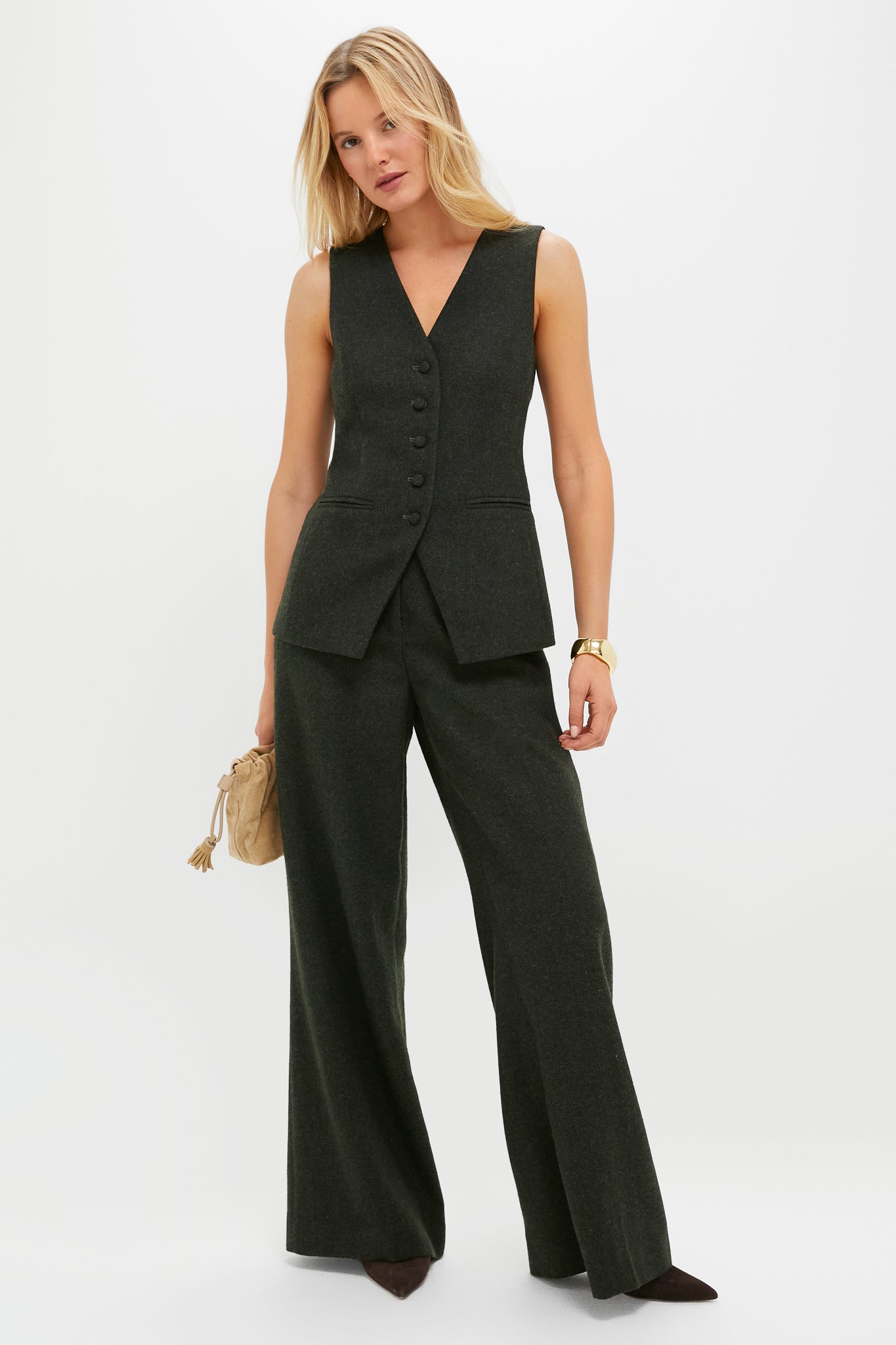 Hunter Green Tweed Herringbone Wide Leg Watson Trousers-Charming Tale Store