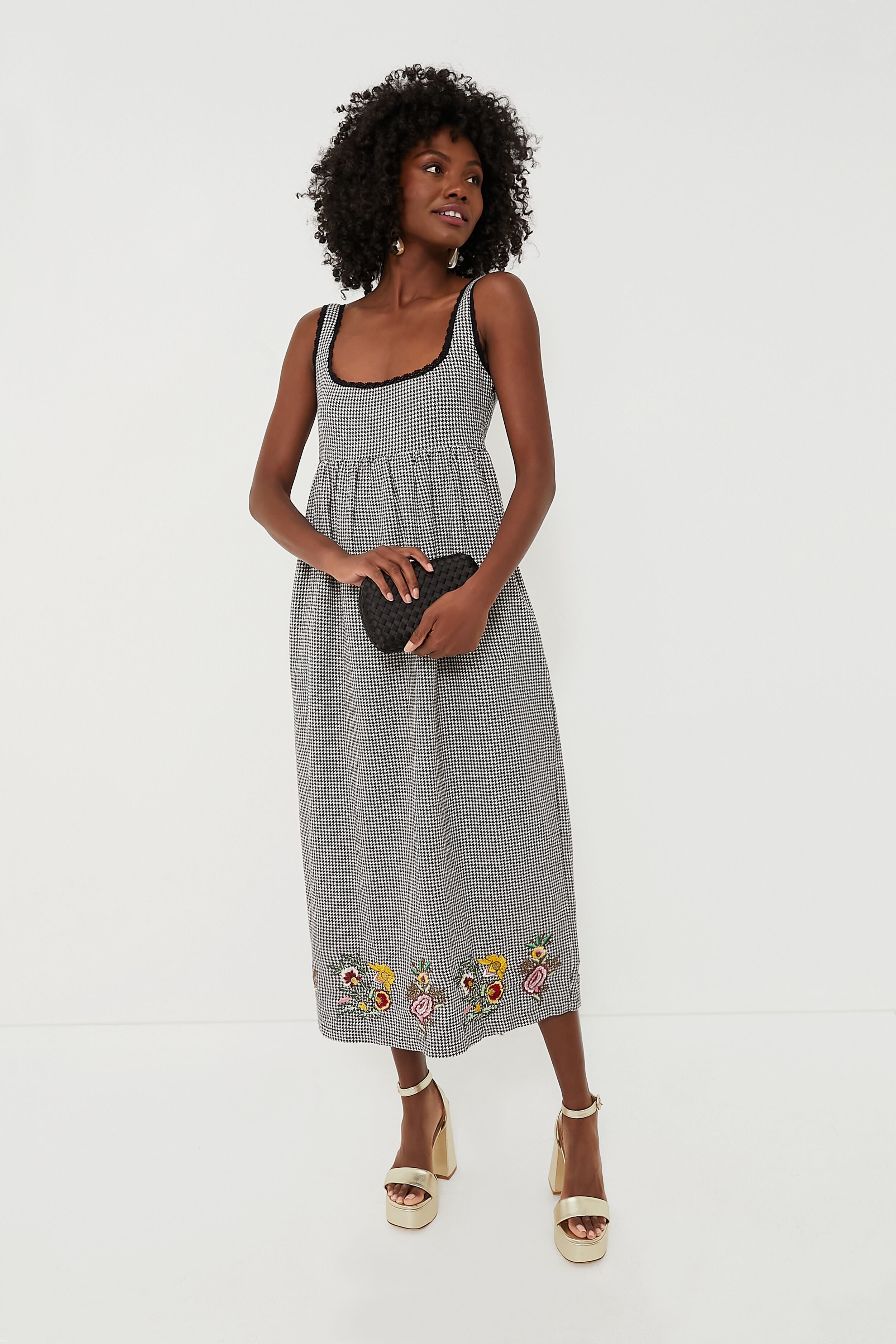 Houndstooth Emily Embroidered Midi Dress-Charming Tale Store