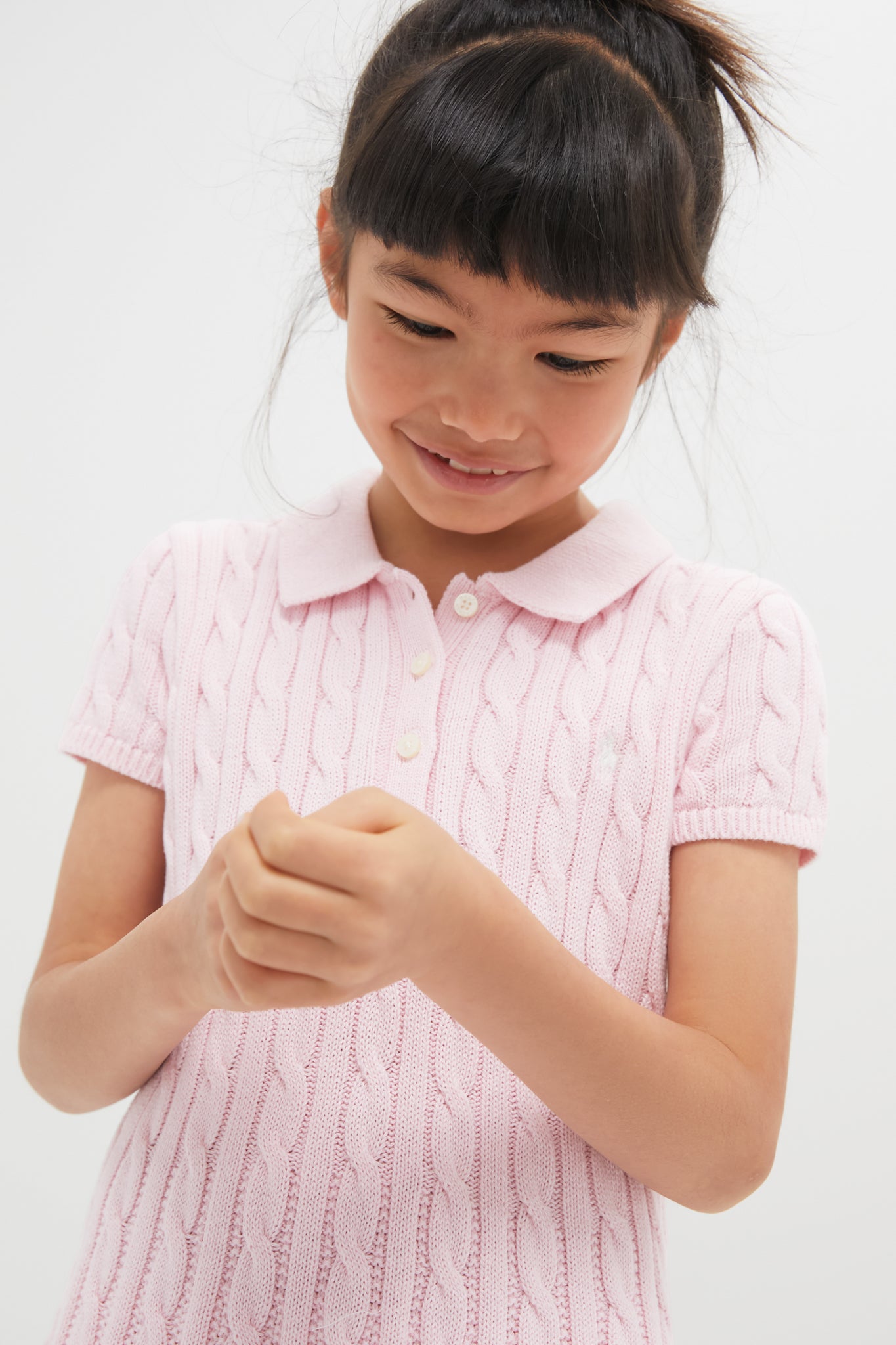 Girls Short-Sleeve Cotton Cable Knit Polo Dress-Charming Tale Store