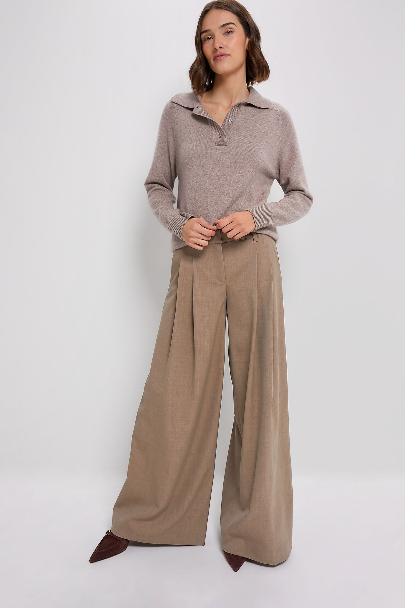 Wheat Carlisle Cashmere Banded Polo Sweater-Charming Tale Store