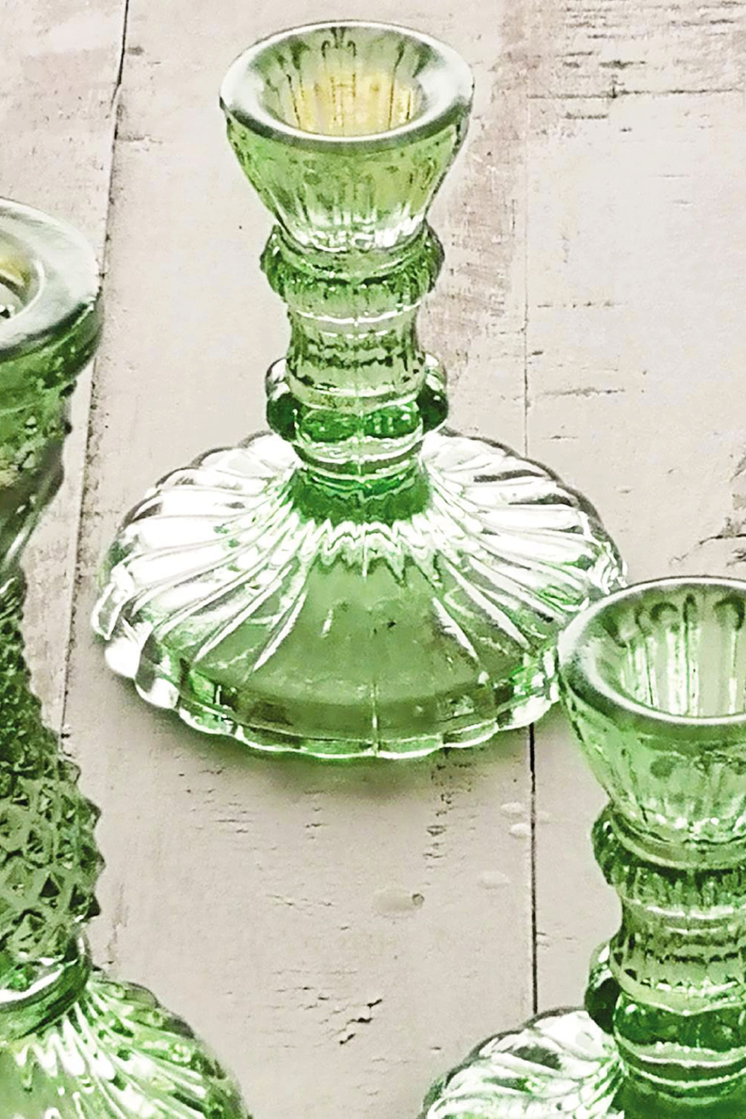 Set of 2 Casa Verde Moss Green Glass Candlesticks-Charming Tale Store