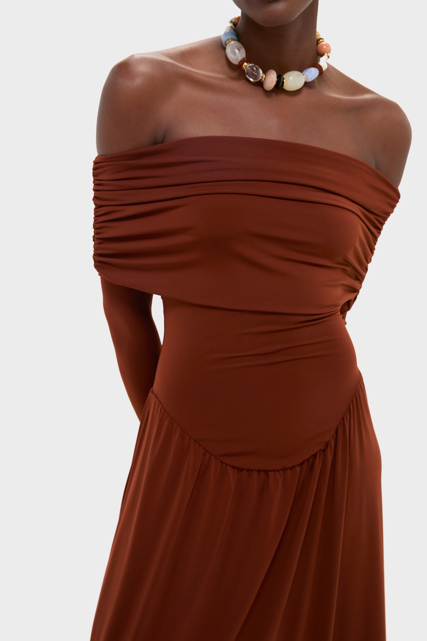 Burgundy Off the Shoulder Ruched Midi Dress-Charming Tale Store
