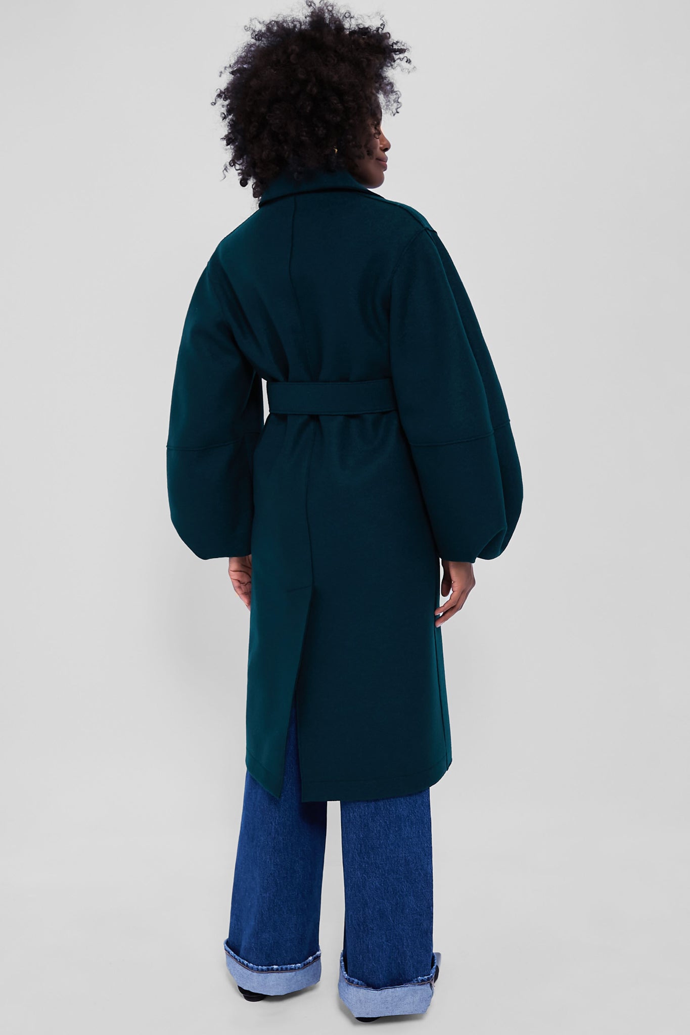 Bottle Green Puffed Sleeve Pressed Wool Coat-Charming Tale Store