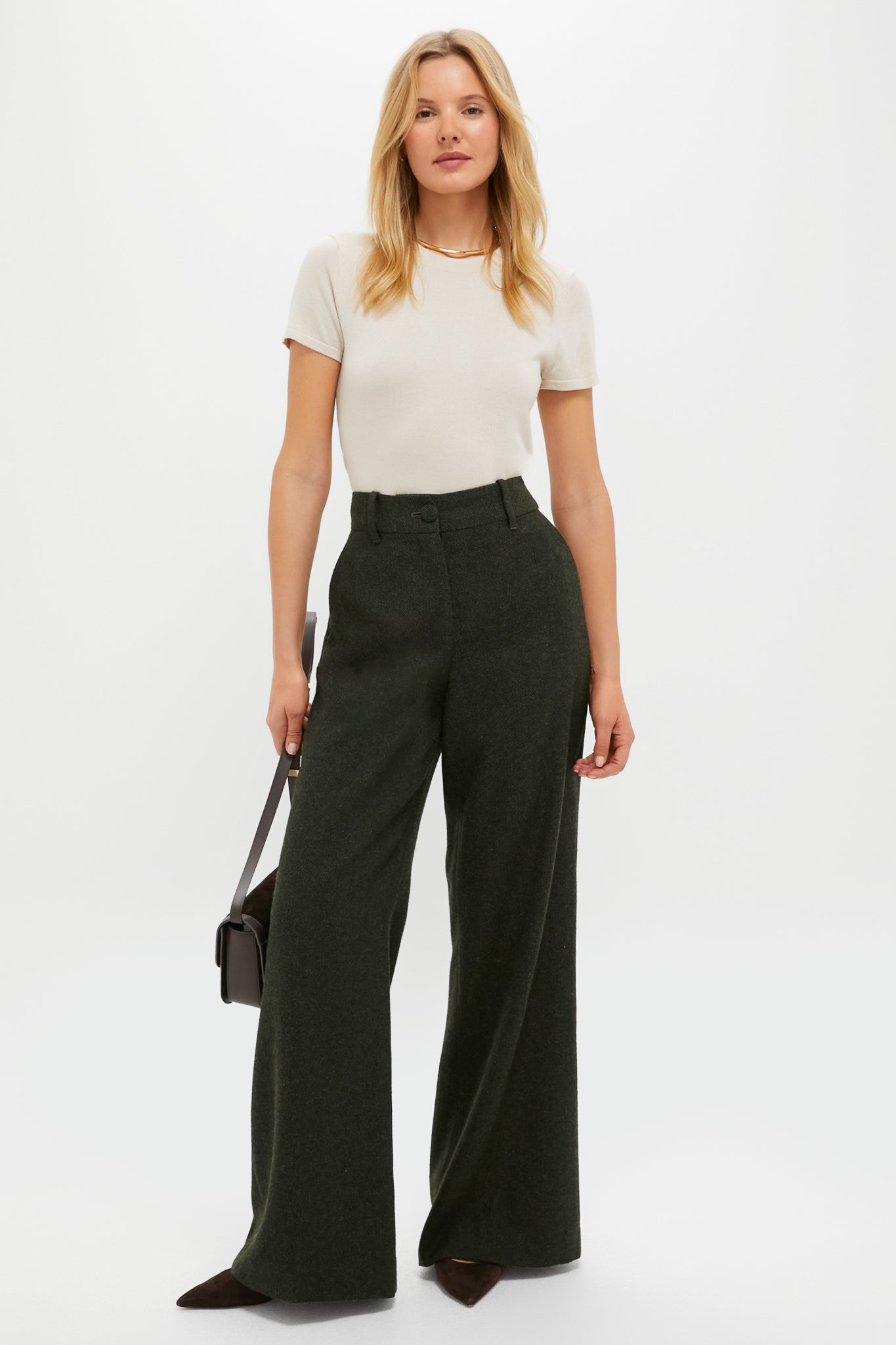 Hunter Green Tweed Herringbone Wide Leg Watson Trousers-Charming Tale Store