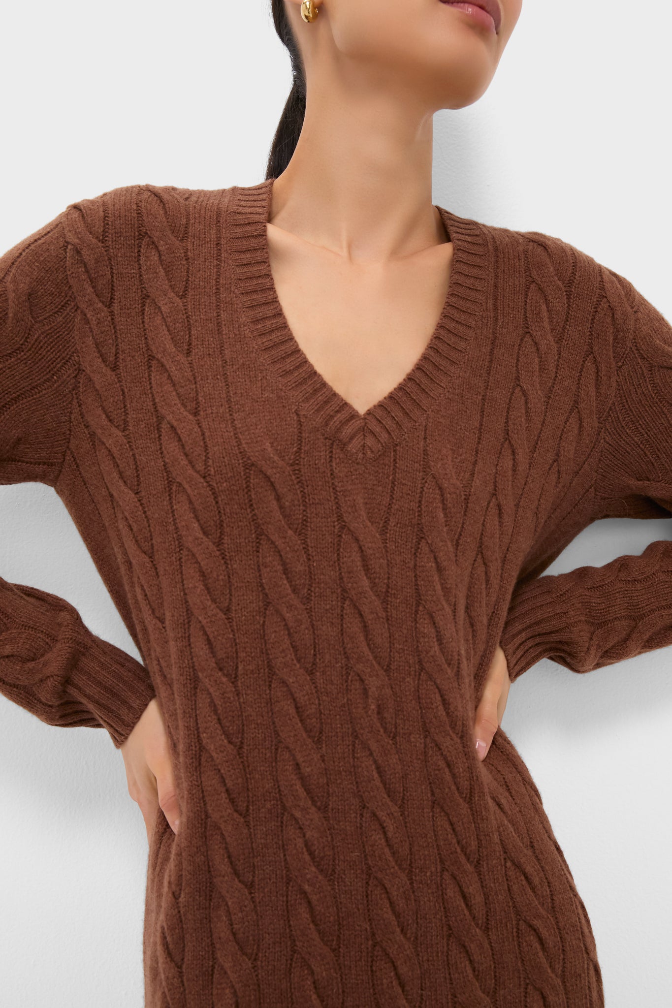 Gingerbread Brown Melange Alpaca Blend Sweater V-Neck Long Sleeve Dress-Charming Tale Store