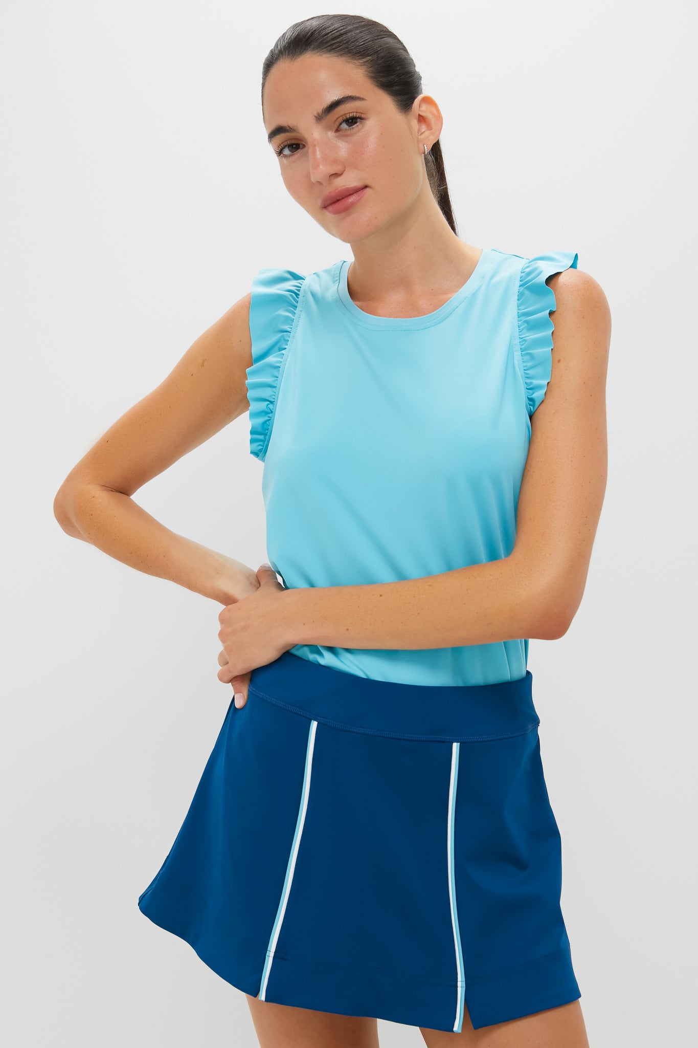 Bright Blue Ruffle Performance Jersey Lea Tank-Charming Tale Store