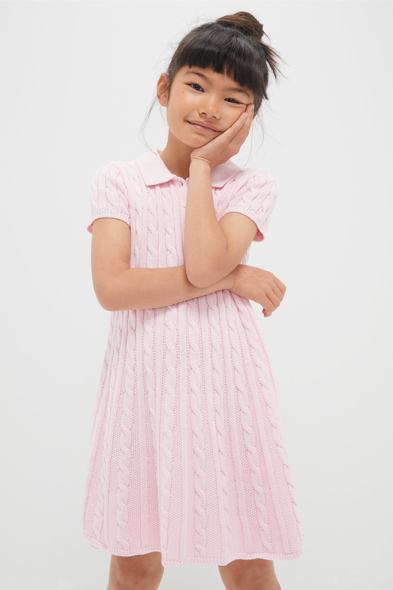 Girls Short-Sleeve Cotton Cable Knit Polo Dress-Charming Tale Store