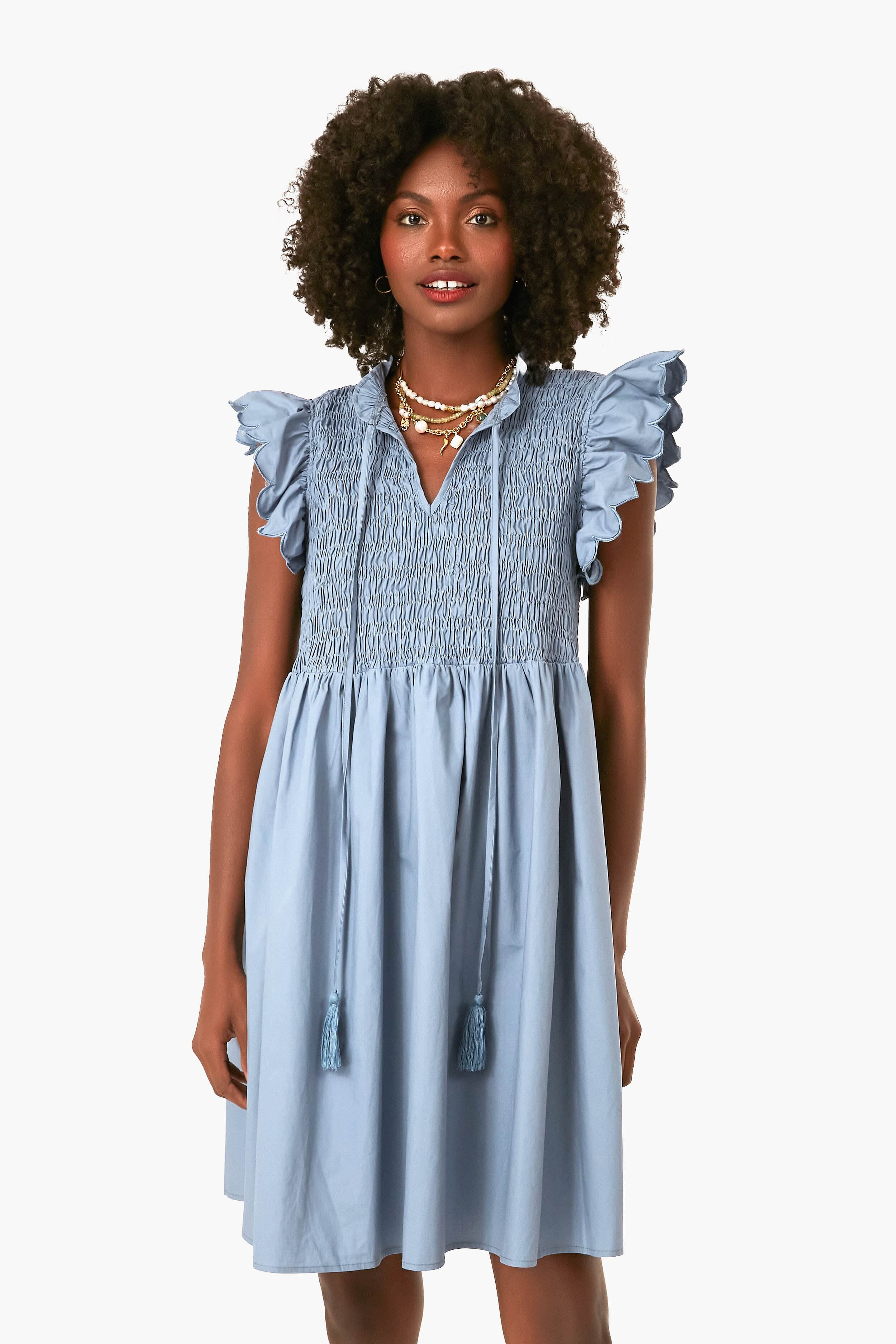 Dusty Blue Smocked Mini Dress-Charming Tale Store