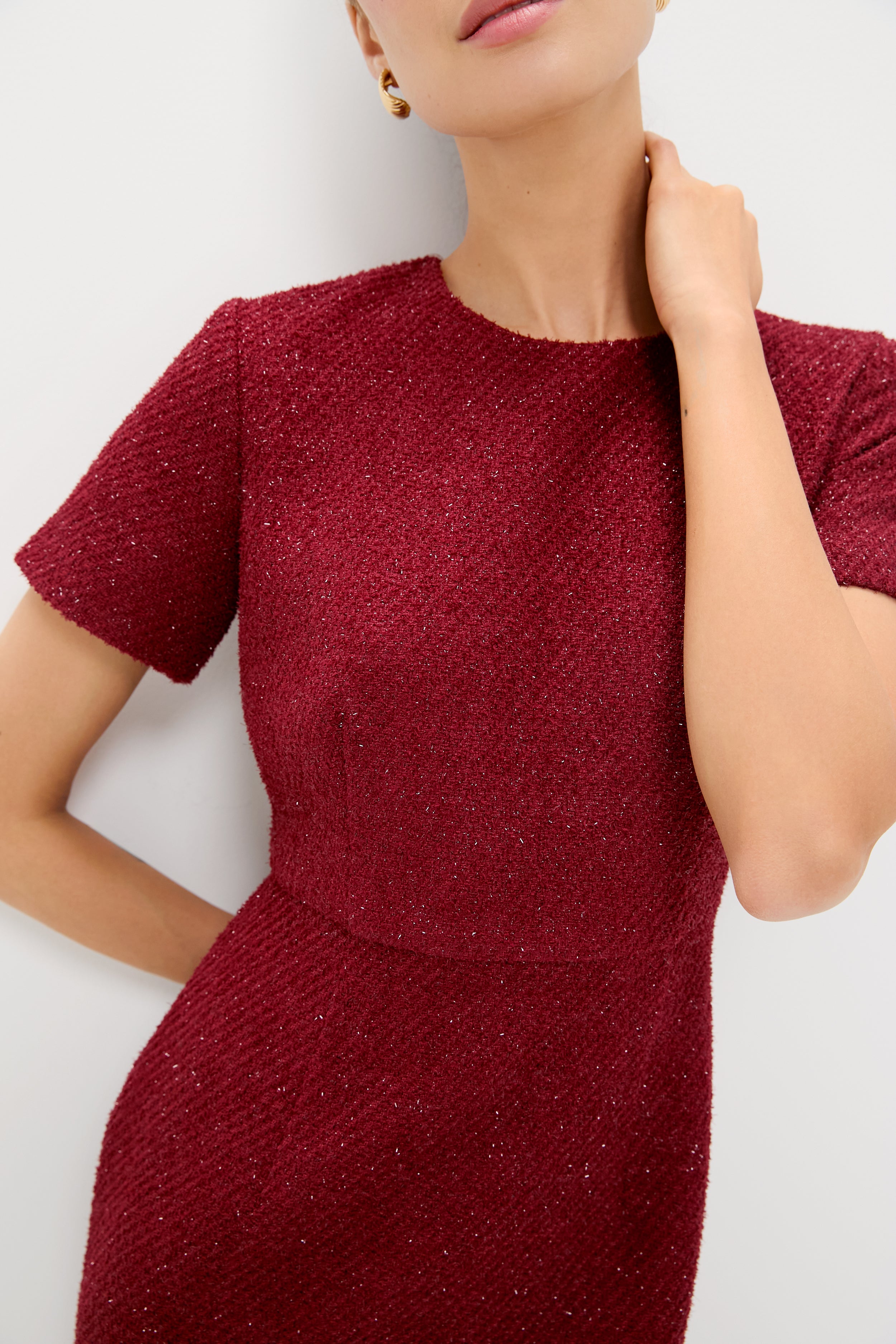 Burgundy Shimmer Boucle Pinot Midi Dress-Charming Tale Store