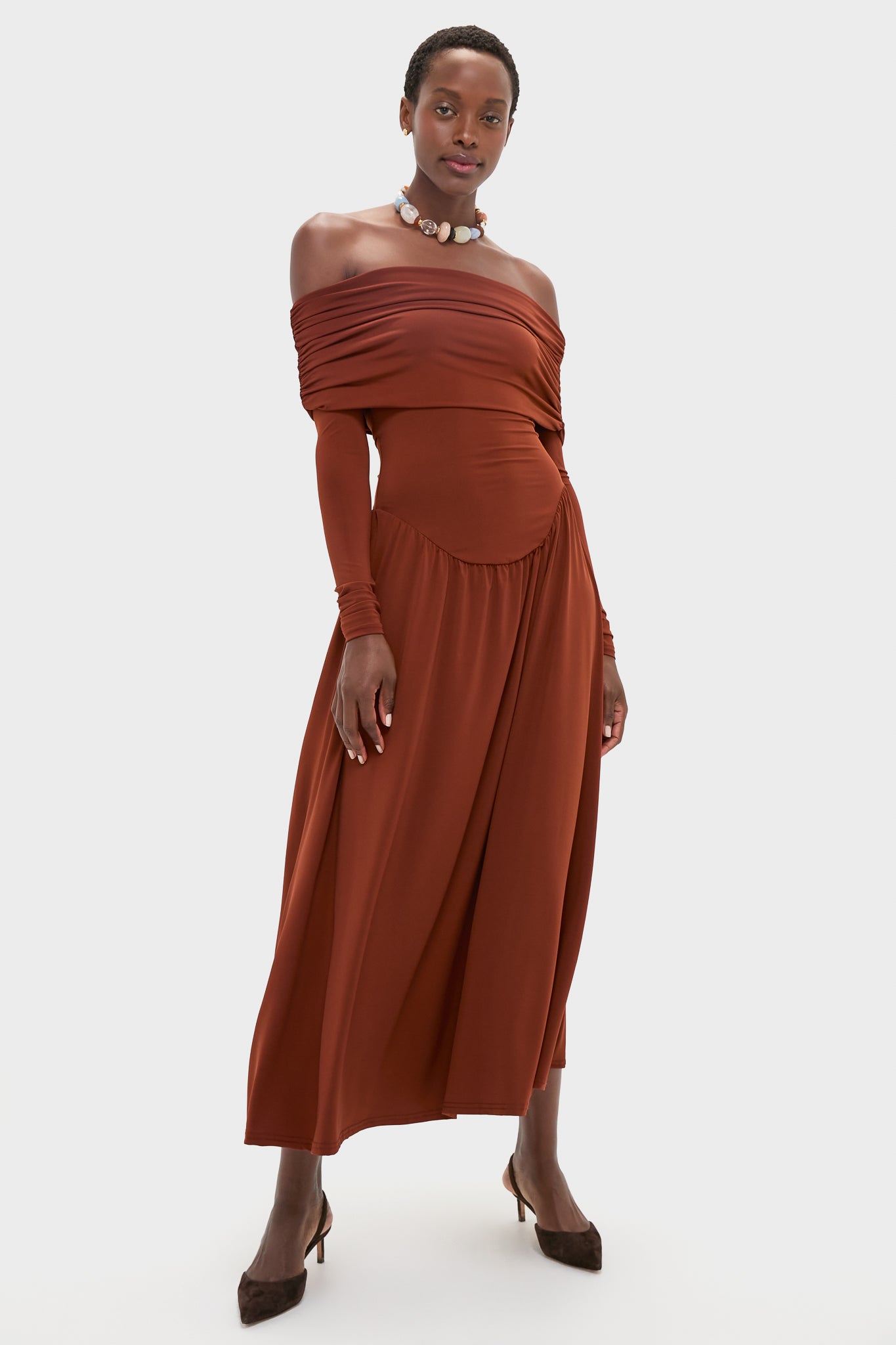 Burgundy Off the Shoulder Ruched Midi Dress-Charming Tale Store