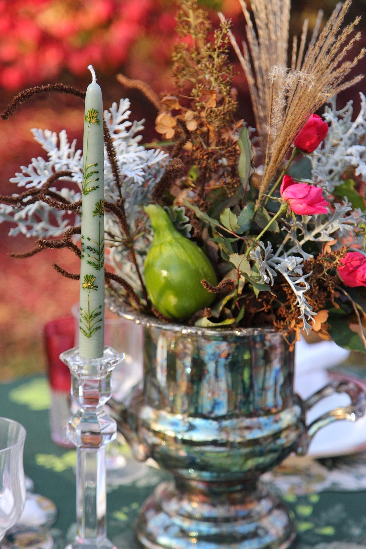 Sage Chrysanthemum Hand Painted Taper Candles (Set of 2)-Charming Tale Store