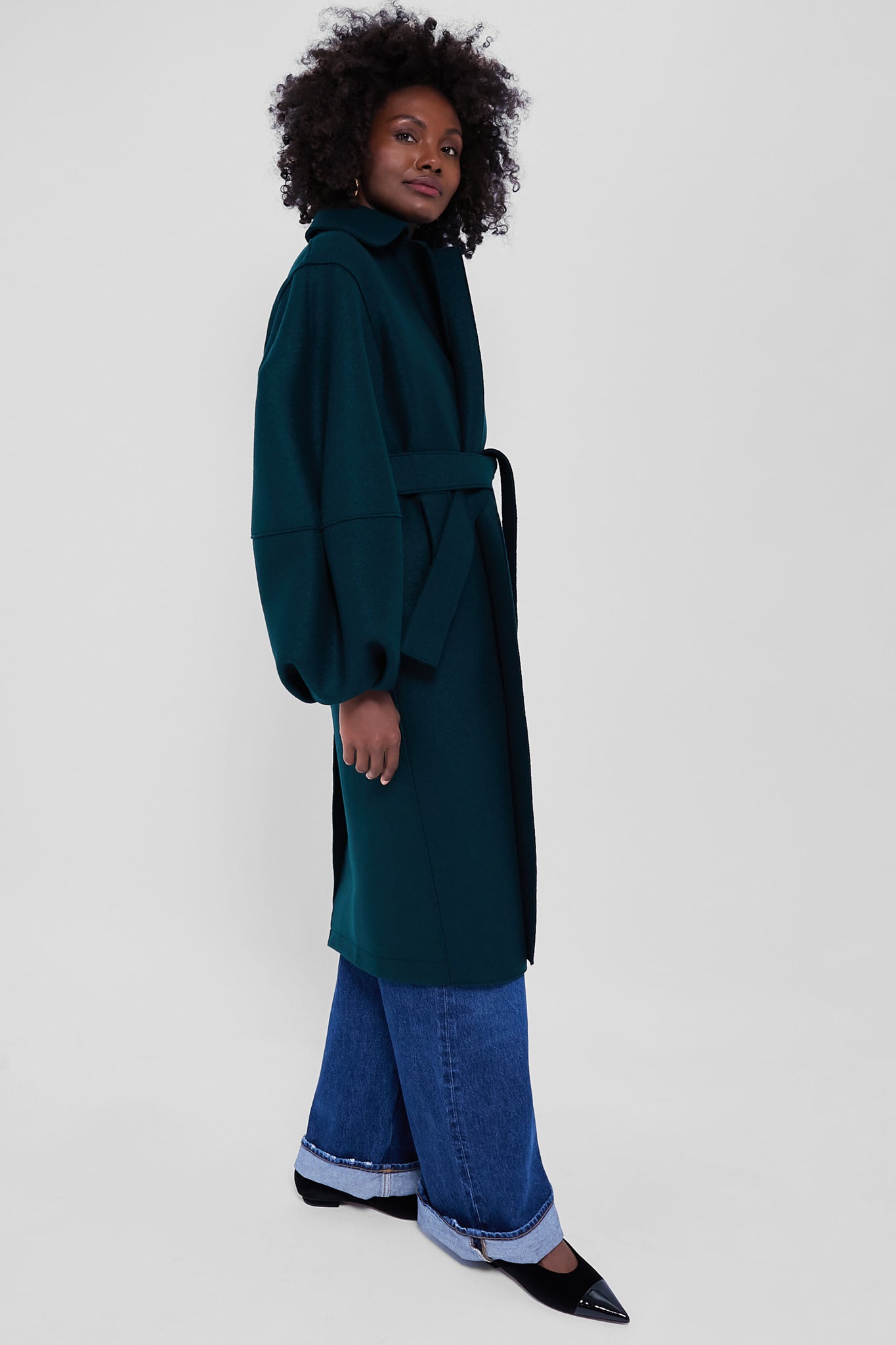 Bottle Green Puffed Sleeve Pressed Wool Coat-Charming Tale Store