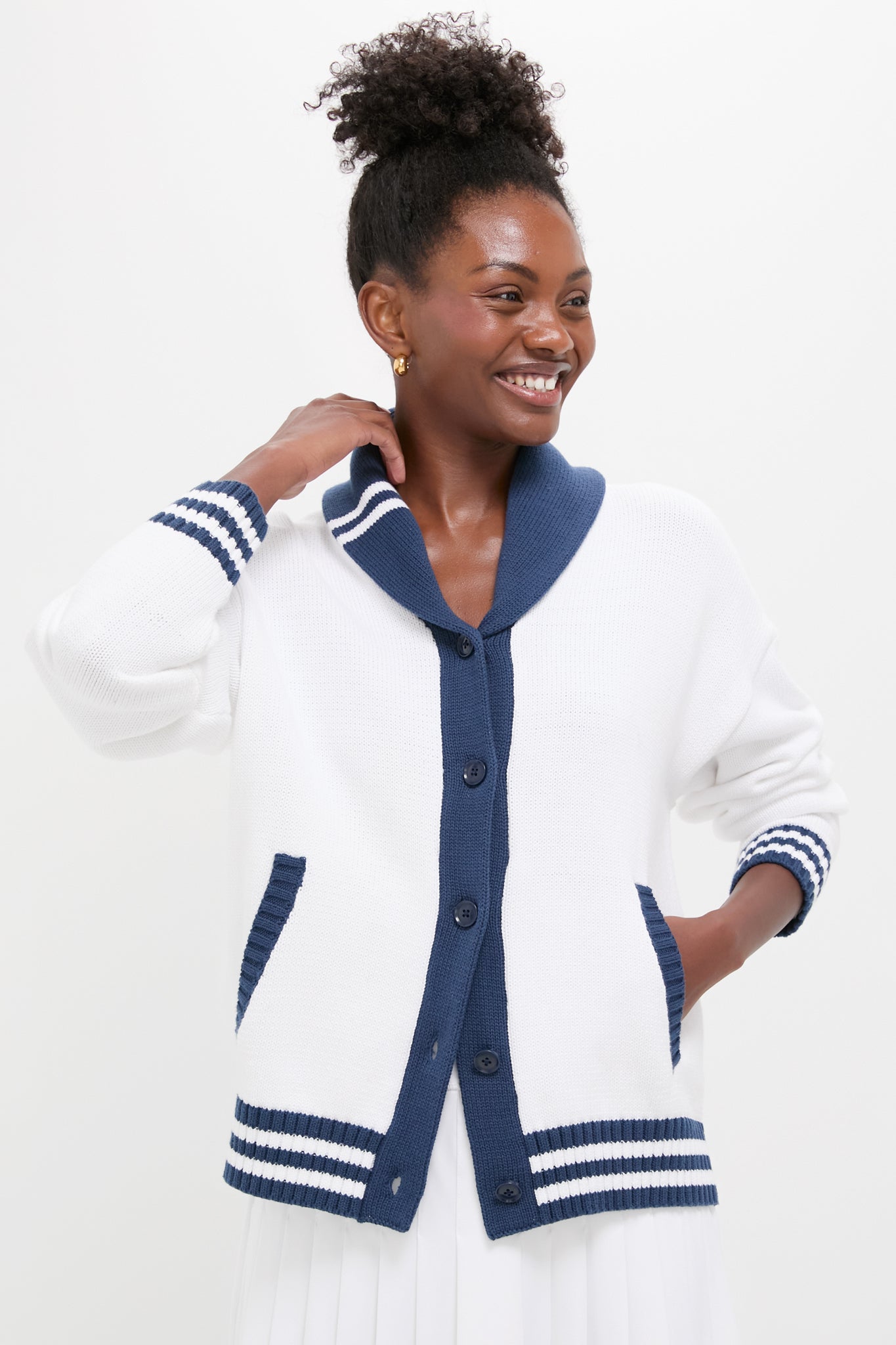 White and Navy Varsity Freya Cardigan-Charming Tale Store