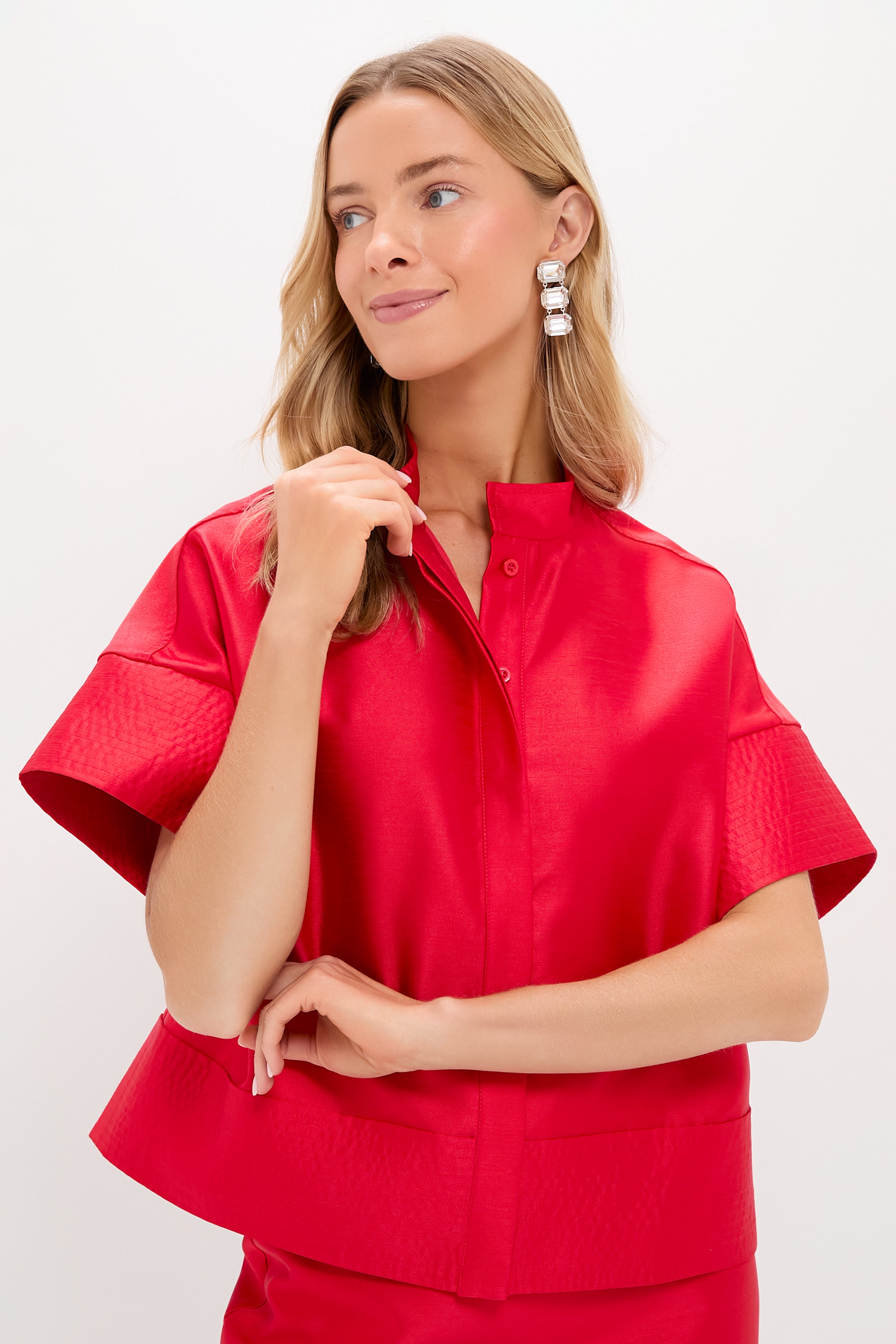 Red Dupioni Trapunto Stitch Sofia Shirt-Charming Tale Store