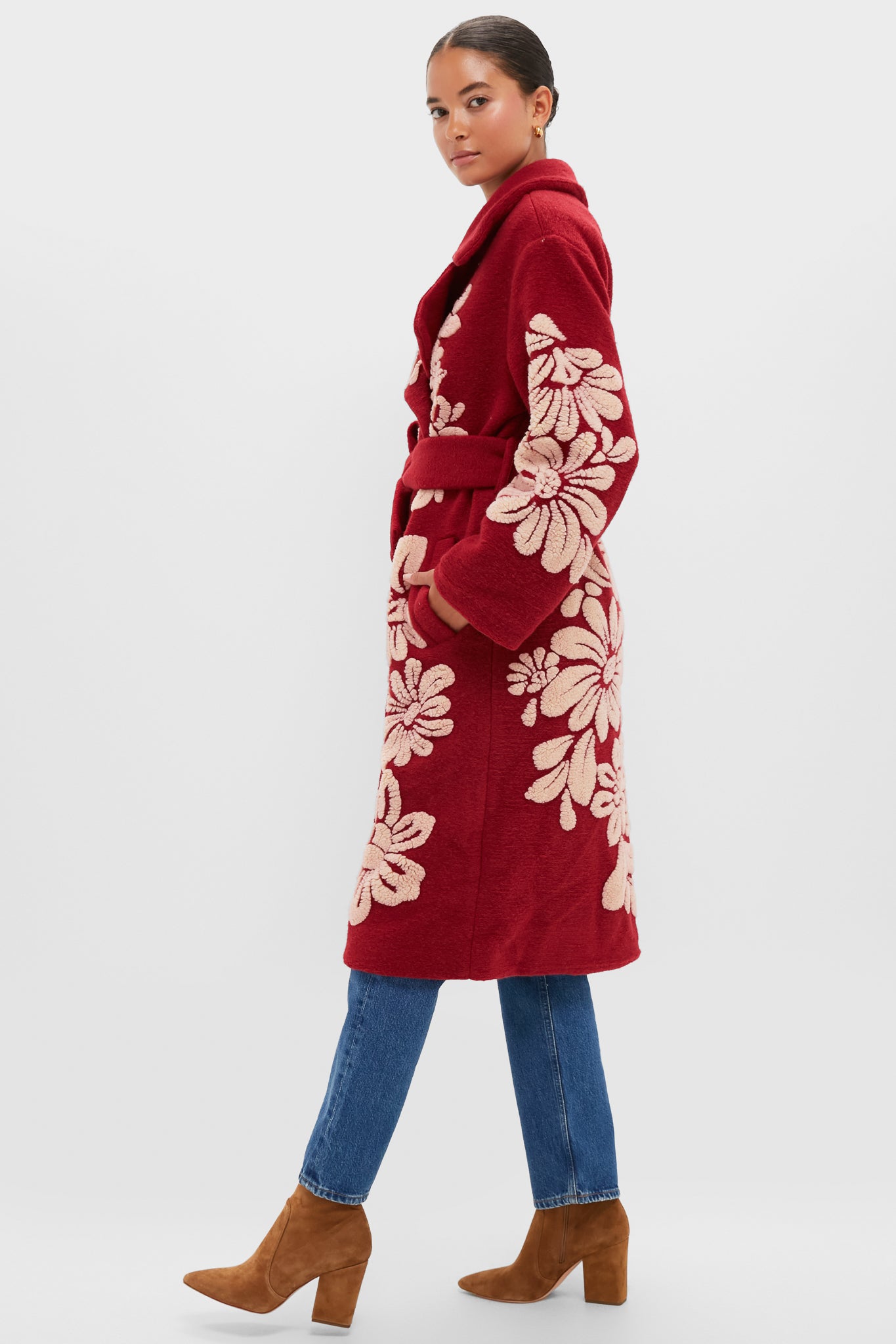 Bold Flowers Burgundy Fleece Coat-Charming Tale Store