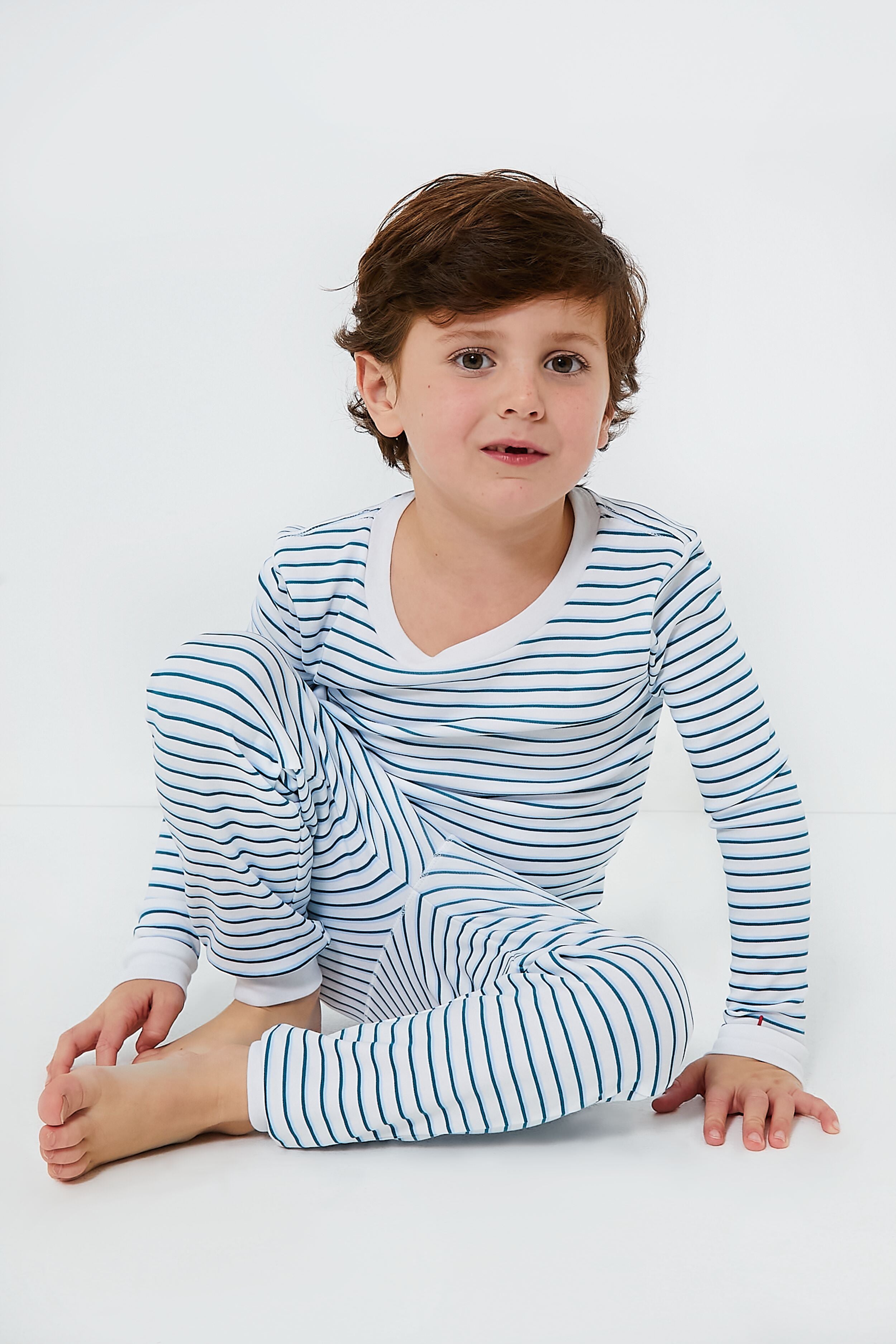 Conifer and Ice Blue Double Stripe Organic Long Sleeve Pajama Set-Charming Tale Store